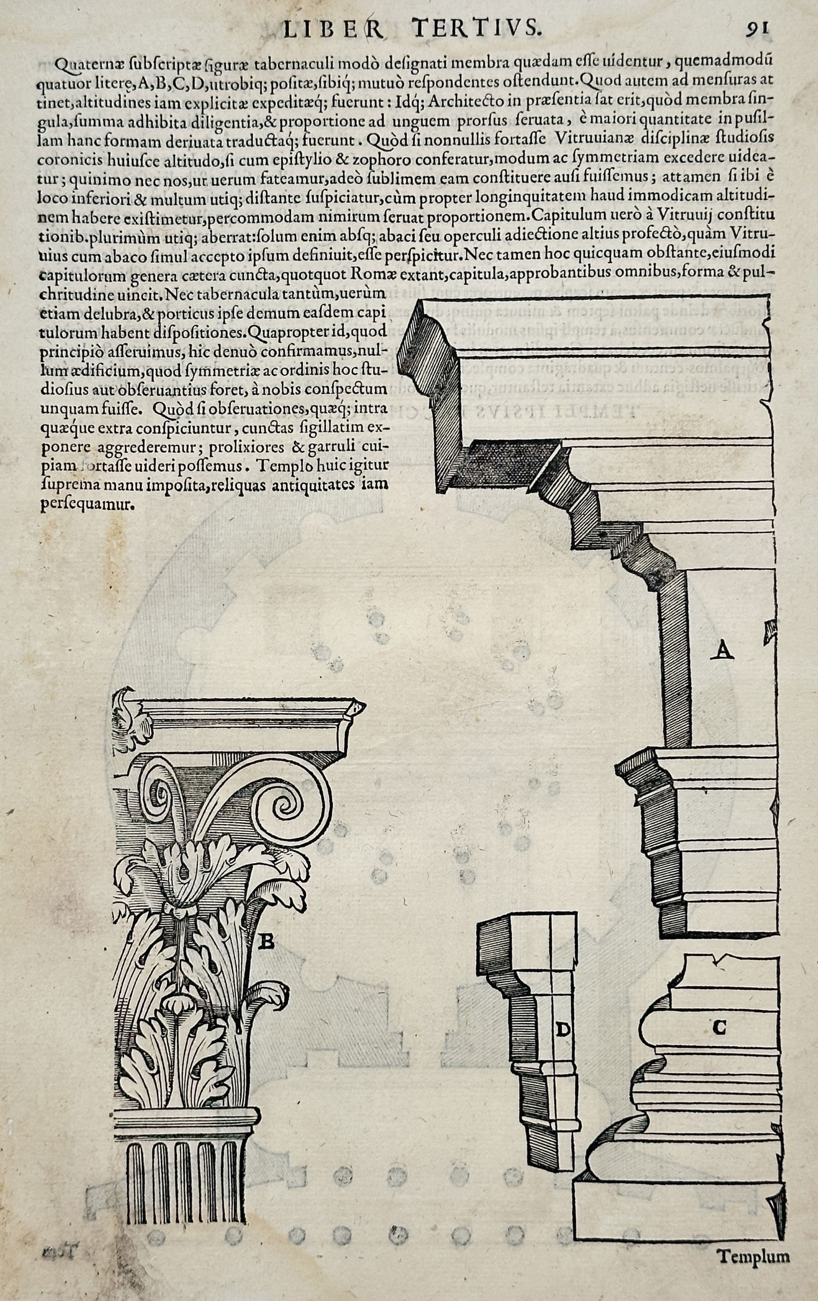 Andrea Palladio – Illustration of Corinthian Capital and Architectural Orders – Woodcut (1570) (1 of 2)