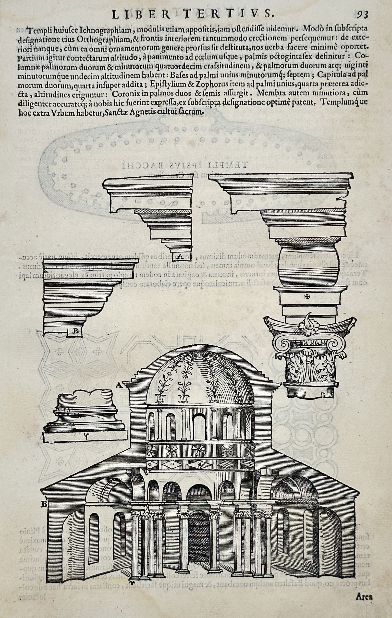 Andrea Palladio – Illustration of the Temple of Bacchus and Architectural Details – Woodcut (1 of 2)