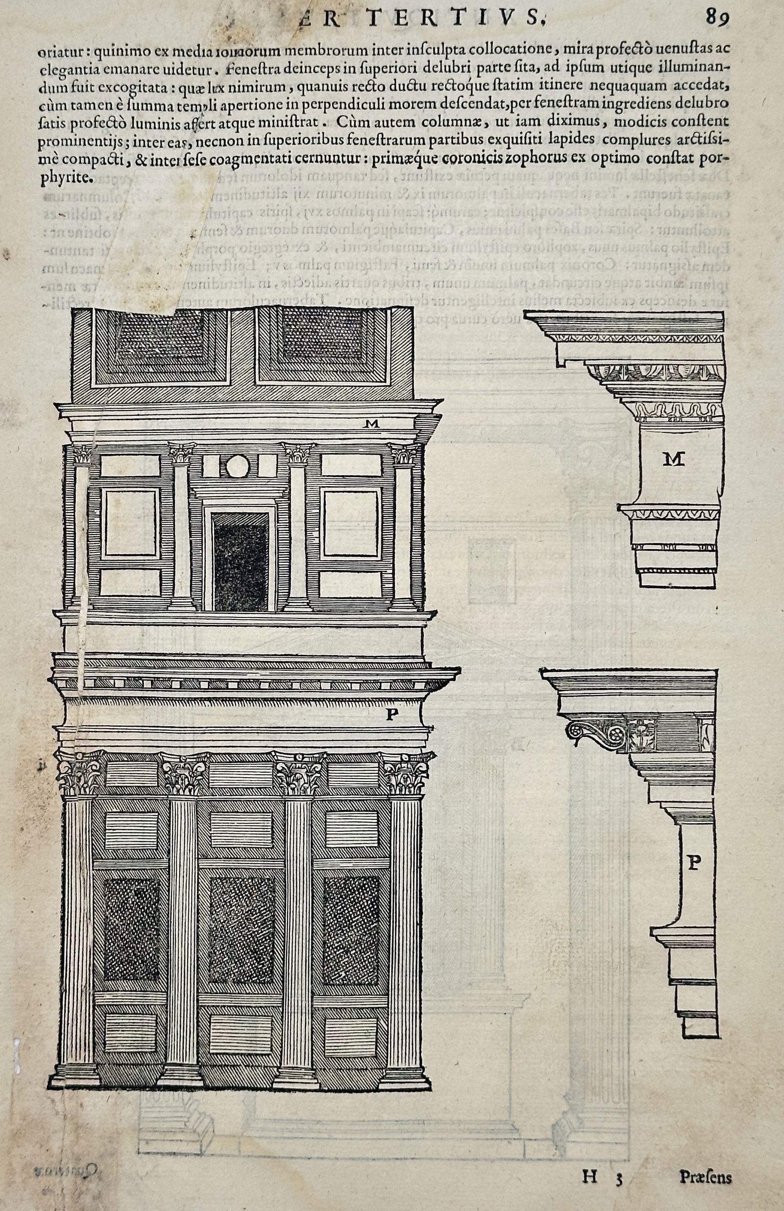 Andrea Palladio – Illustration of a Roman Wall Section and Cornice Details – Woodcut (1570): This print is an illustration from Book Three (Liber Tertius) of a treatise, featuring a detailed elevation of a two-story section of a Roman wall or facade, with windows, pilasters, and a central nic