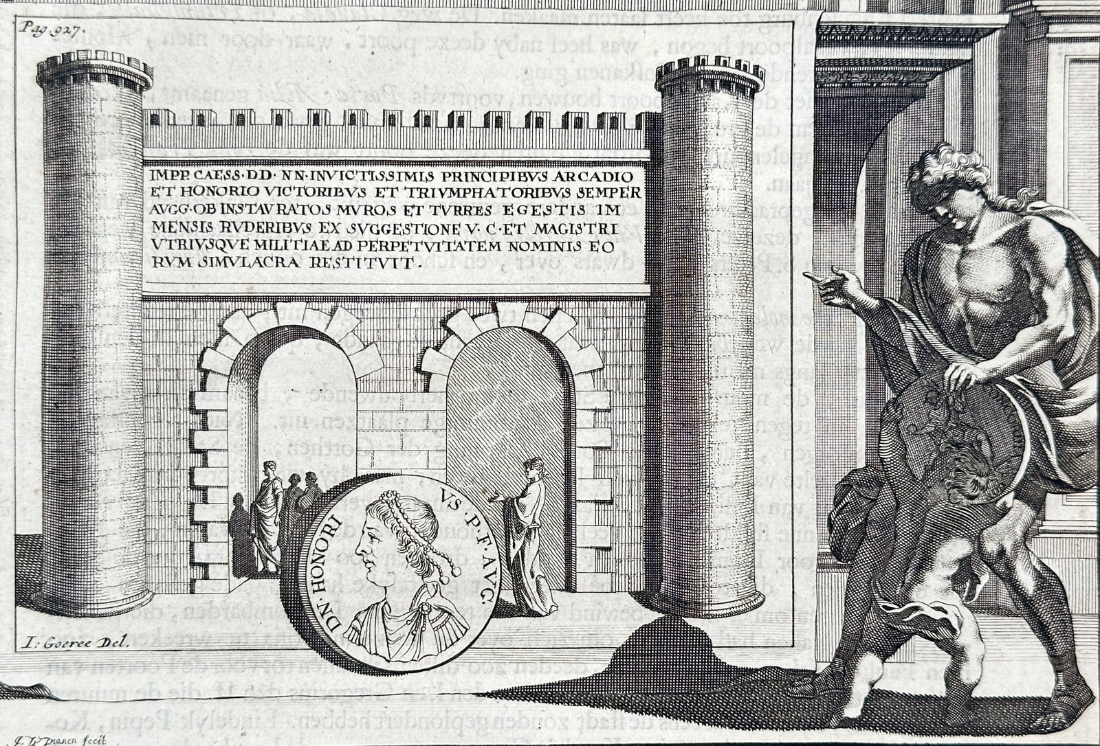 Jan van Vianen – Illustration of Porta Settimiana (Rome) – Engraving (18th Century): This engraving is an illustration from a book titled Van de Poorten en Muurinn (Of the Gates and Walls), detailing the architecture of Rome. The main image depicts the Porta Settimiana (Gate of Settim