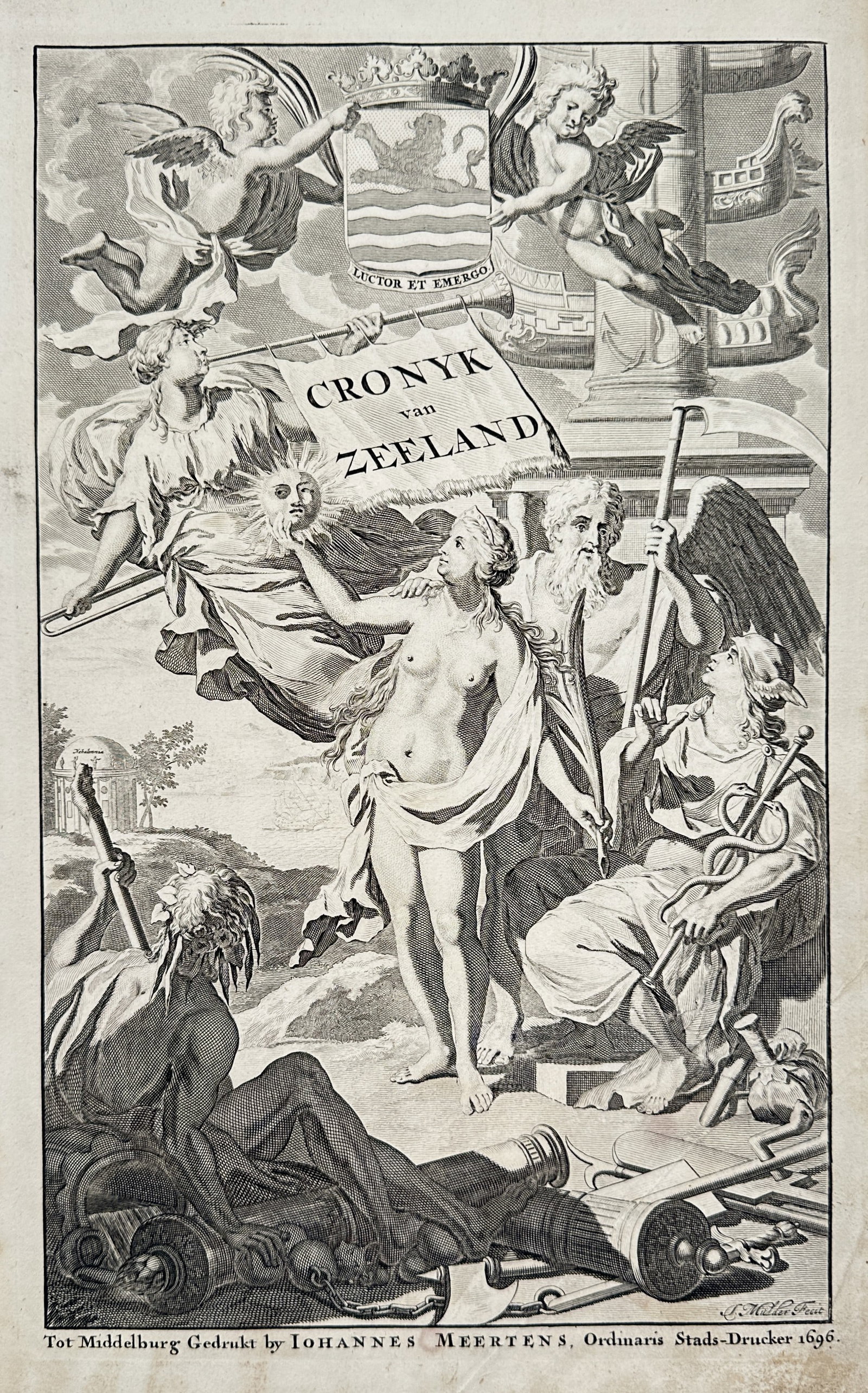 Jan van Vianen – Allegorical Frontispiece for Nieuwe Cronyk van Zeeland – Engraving (1696): This engraving is a detailed allegorical frontispiece for the book Nieuwe Cronyk van Zeeland (New Chronicle of Zeeland), a historical work by Mattheus Smallegange. The composition features a central n