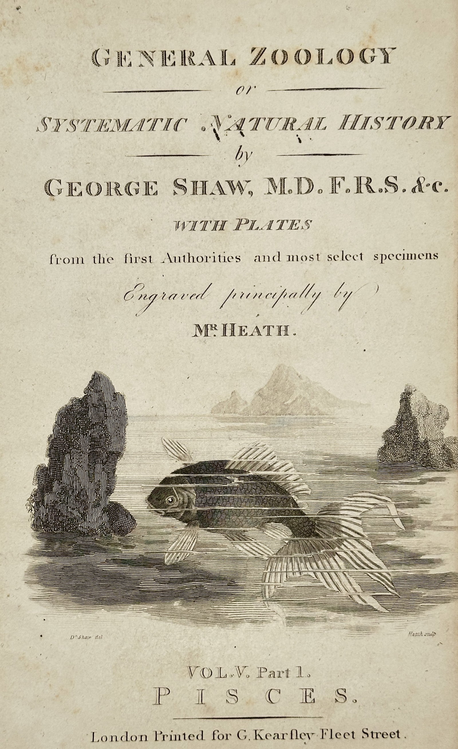 George Shaw (1751–1813) – Title Page for General Zoology, Pisces – Engraving (1804): This engraved title page is for Volume V, Part 1, covering Pisces (Fish), from the extensive natural history series General Zoology, or Systematic Natural History. It features a vignette illustrating 