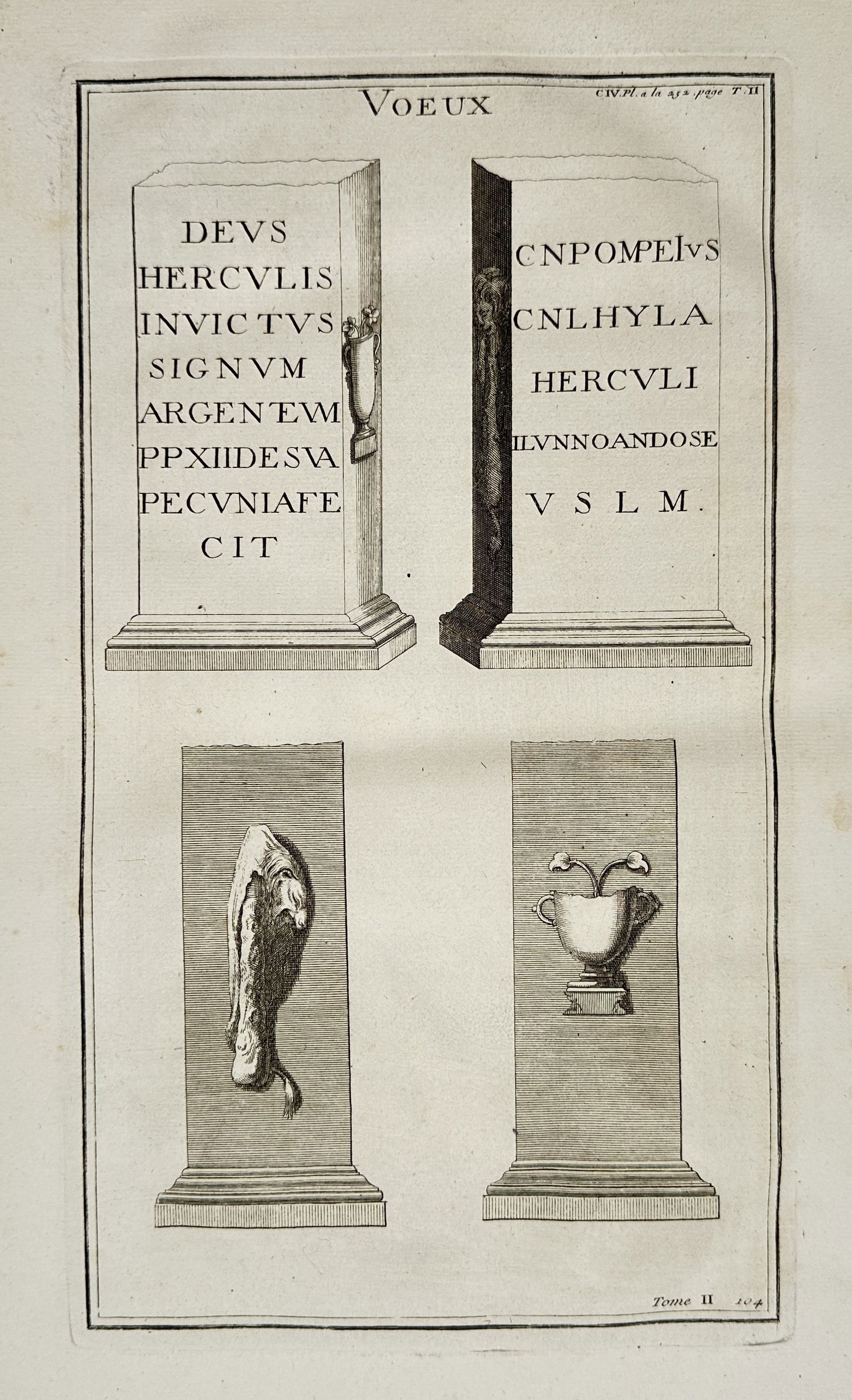 Bernard de Montfaucon – Votive Monuments to Hercules and Reliefs – Engraving (Circa 1720) (1 of 2)