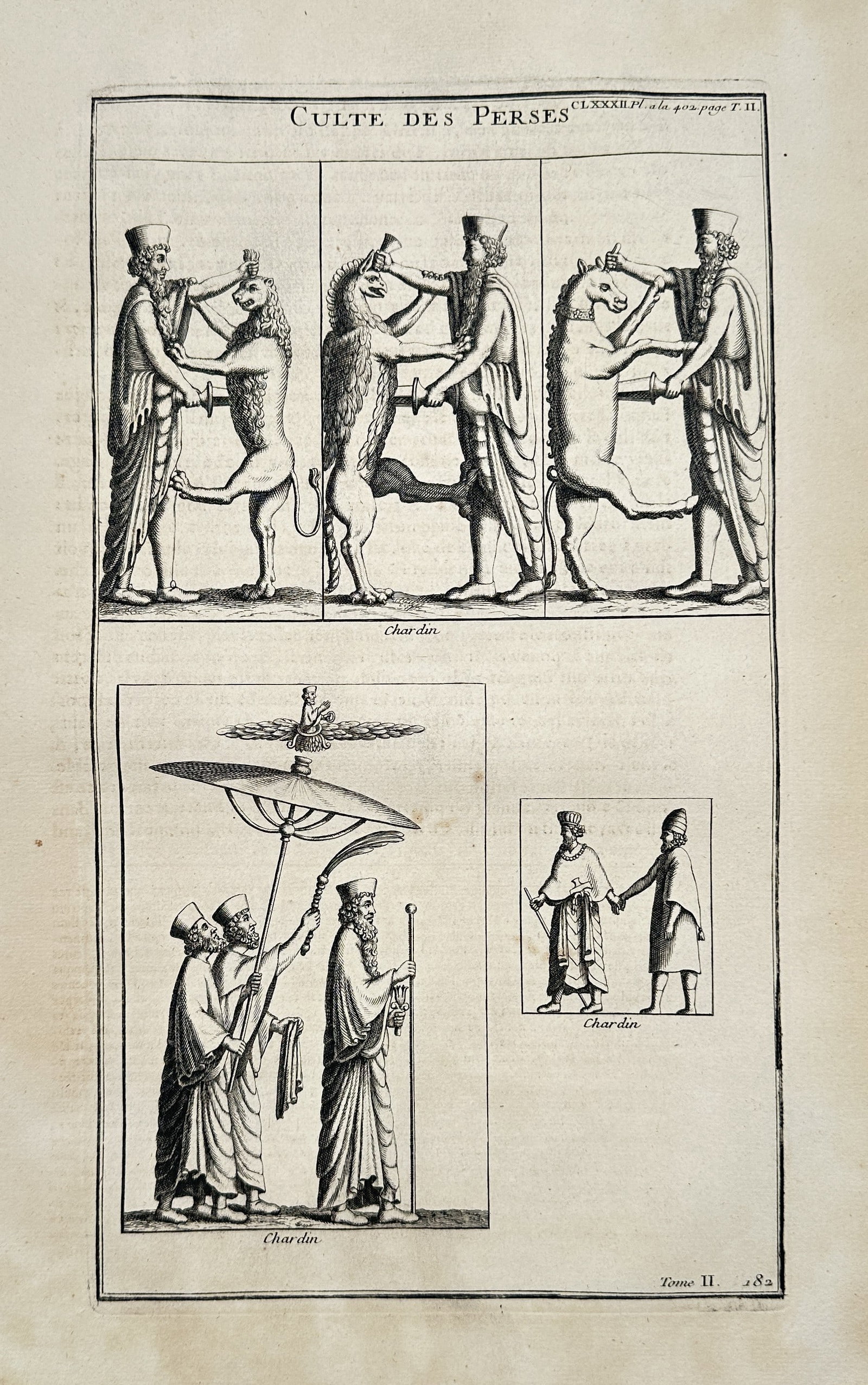 Bernard de Montfaucon (1655–1741) – Culte des Perses – Engraving (c. 1719): This engraving depicts scenes of the religious rituals of the ancient Persians, published in the encyclopedic work L'antiquité expliquée et représentée en figures. Bernard de Montfaucon was a Fren