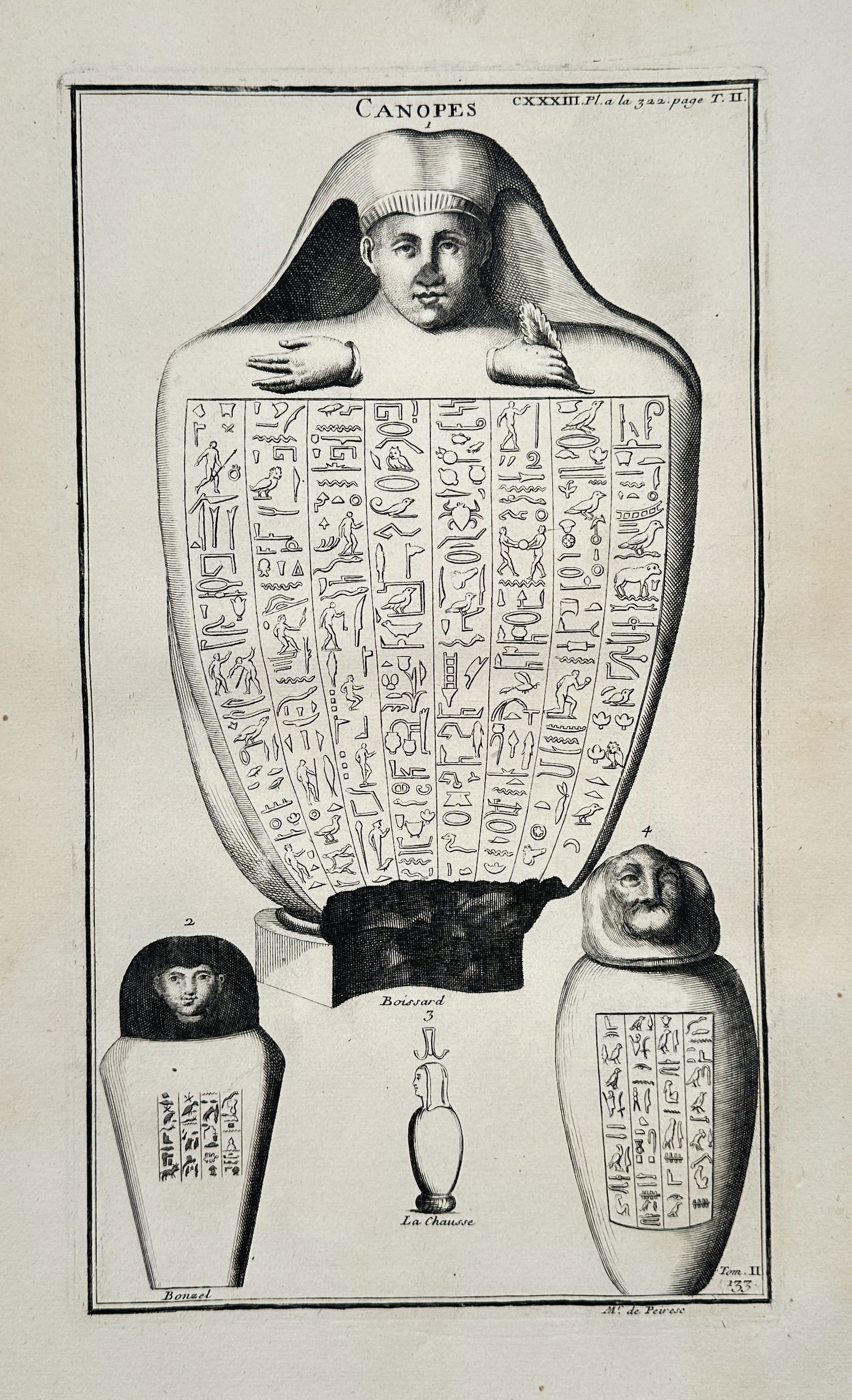 Bernard de Montfaucon (1655–1741) – Canopes – Engraving (c. 1719): This engraving depicts several ancient Egyptian canopic jars, vessels used for storing organs during mummification, published in the encyclopedic work L'antiquité expliquée et représentée en figur