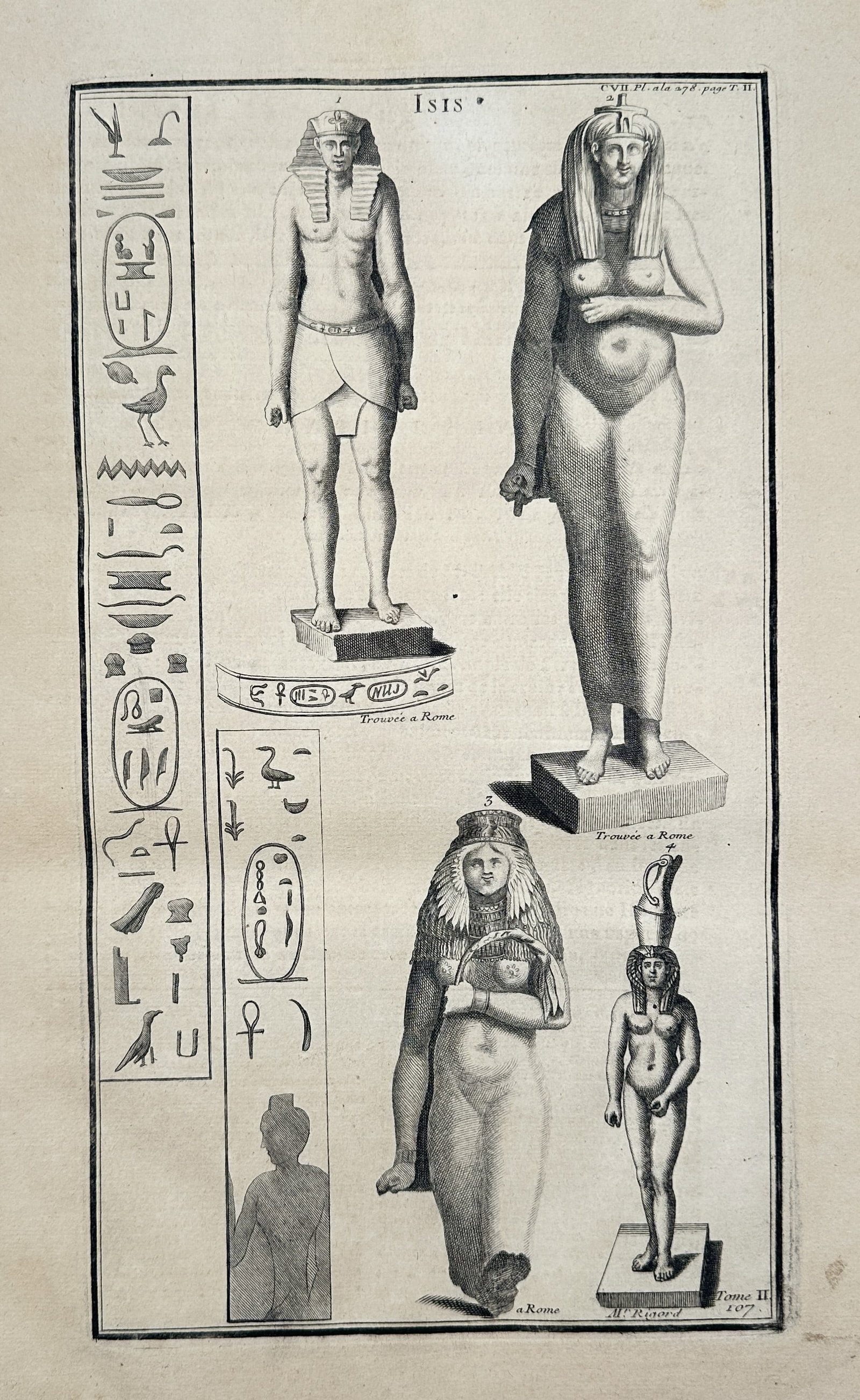 Bernard de Montfaucon (1655–1741) – Isis – Engraving (c. 1719): This engraving depicts various statues and representations of the Egyptian goddess Isis, alongside hieroglyphic examples, published in the encyclopedic work L'antiquité expliquée et représentée en
