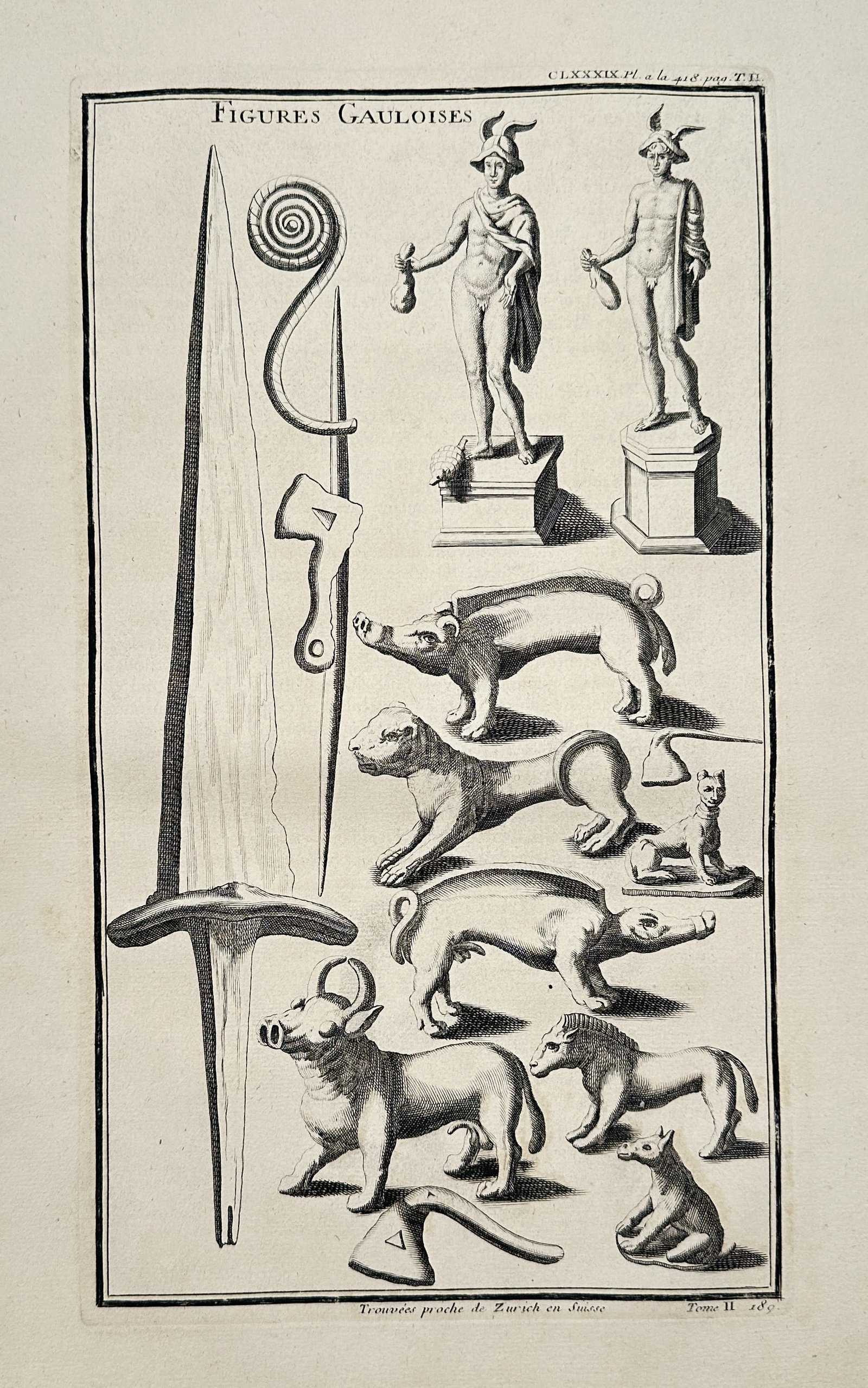 Bernard de Montfaucon (1655–1741) – Figures Gauloises – Engraving (c. 1719): This engraving illustrates various Gaulish artifacts, including statuettes of Mercury, animal figurines, a sword, and an axe, published in the encyclopedic work L'antiquité expliquée et représenté