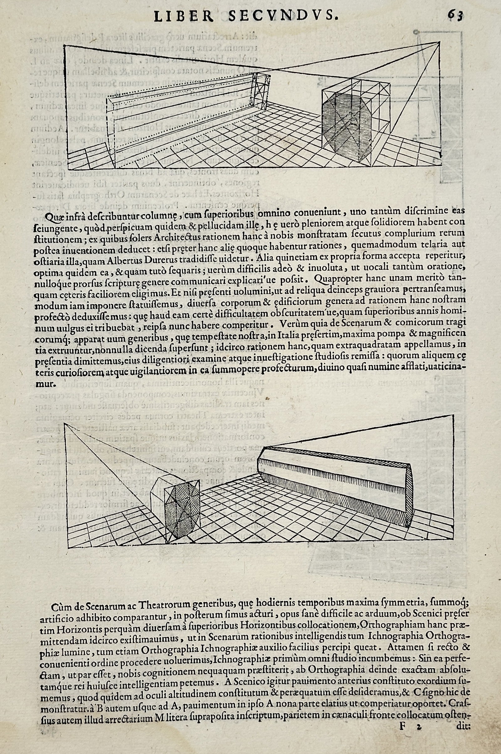 Sebastiano Serlio (1475–1554) – Perspective Diagrams from Liber Secundus – Woodcut (c. 1545): This woodcut illustration shows two diagrams demonstrating linear perspective, one of an interior room and another of solid forms on a gridded floor, published in his influential treatise Tutte l'oper