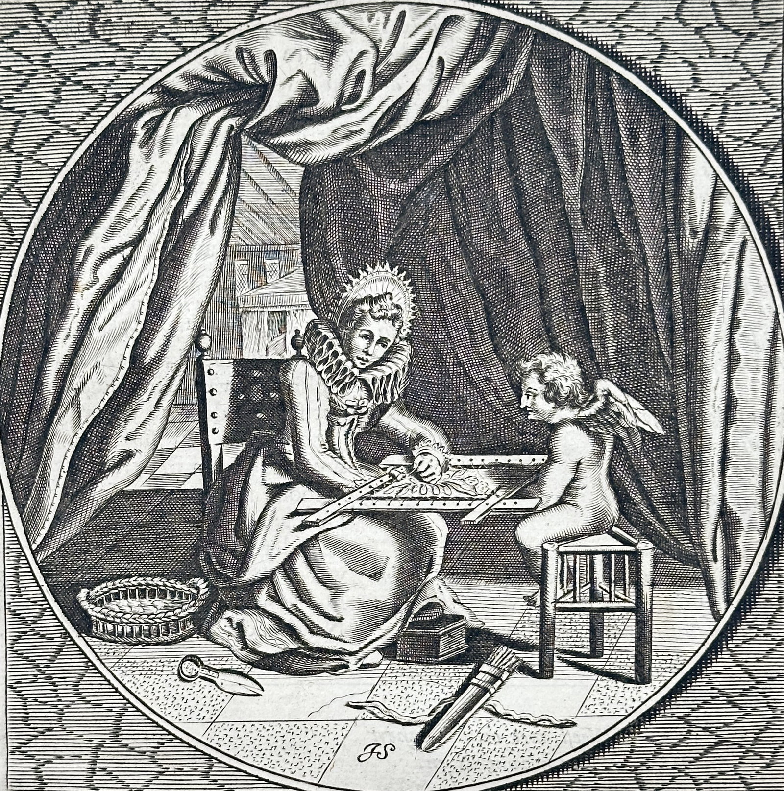 Jacob Cats (1577–1660) – More beautiful from the wound – Engraving with letterpress text: This print is an emblem with accompanying poetry and prose, titled "Ex Vulnere Pulchrior" (More beautiful from the wound), featuring a central circular engraving. The illustration shows a seated woman