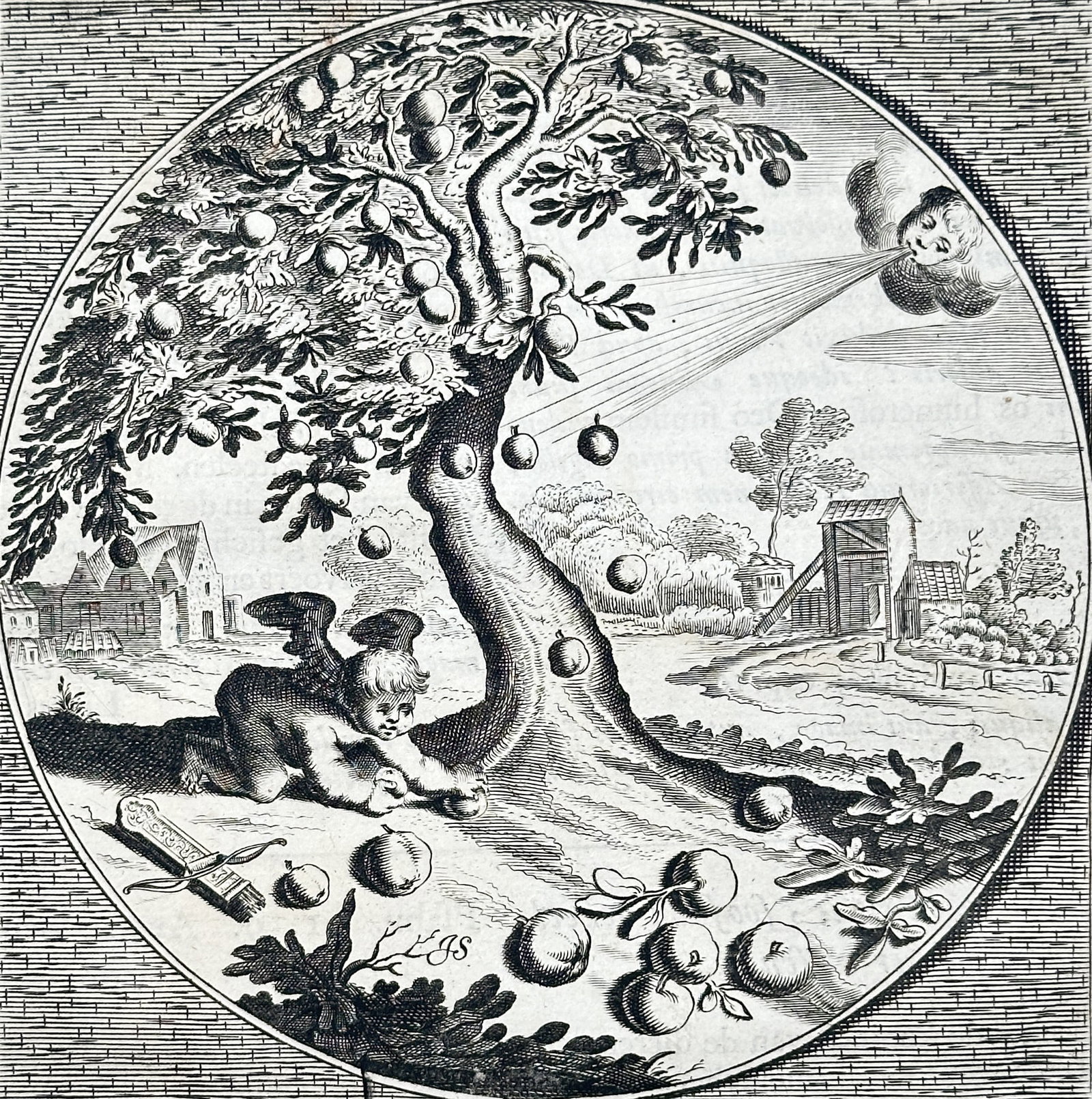Jacob Cats (1577–1660) – The soft pear falls even of its own accord – Engraving with: This print is an emblem with accompanying poetry and prose, titled "Mite, Pyrum Vel Sponte Fluit" (The soft pear falls even of its own accord), featuring a central circular engraving. The illustration