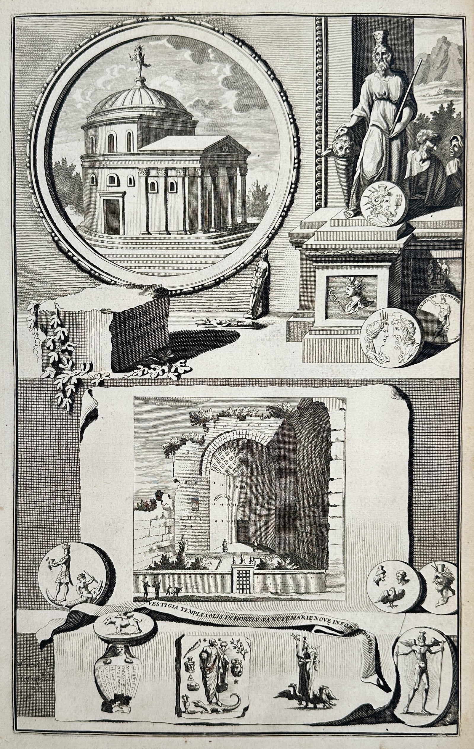 Jacob Goeree (1670–1730), after – Set of Roman Architectural and Figural Illustrations –: This topographical engraving features a montage of ancient Roman subjects, published in a work titled Beschryving van Oud Rome (Description of Old Rome) by François Halma. The upper section contains 
