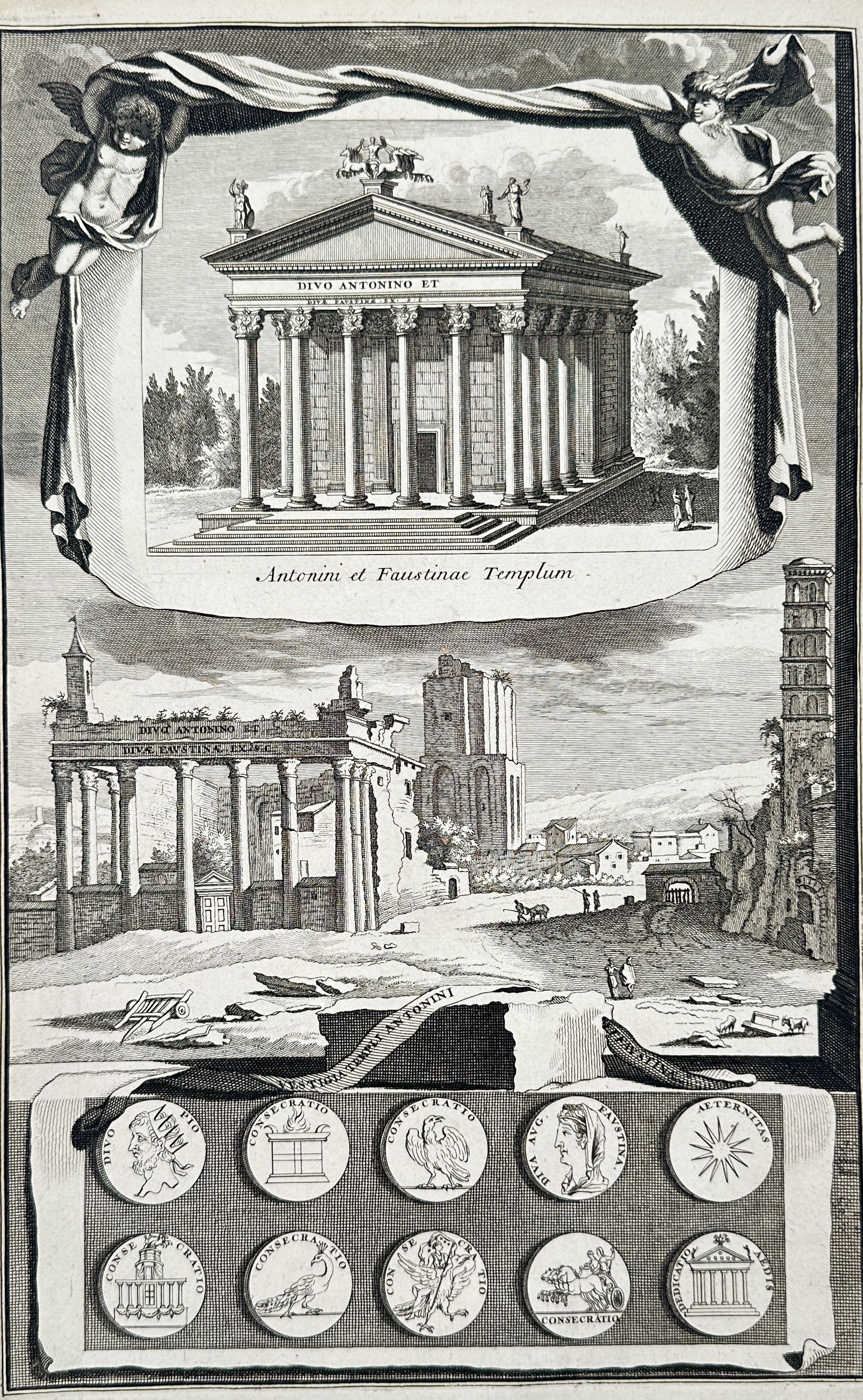 Bernard de Montfaucon (1655–1741) – Temple of Antoninus and Faustina and Roman Ruins –: This topographical engraving features a montage of ancient Roman subjects. The upper image displays the "Antonini et Faustinae Templum" (Temple of Antoninus and Faustina), framed by two winged putti.