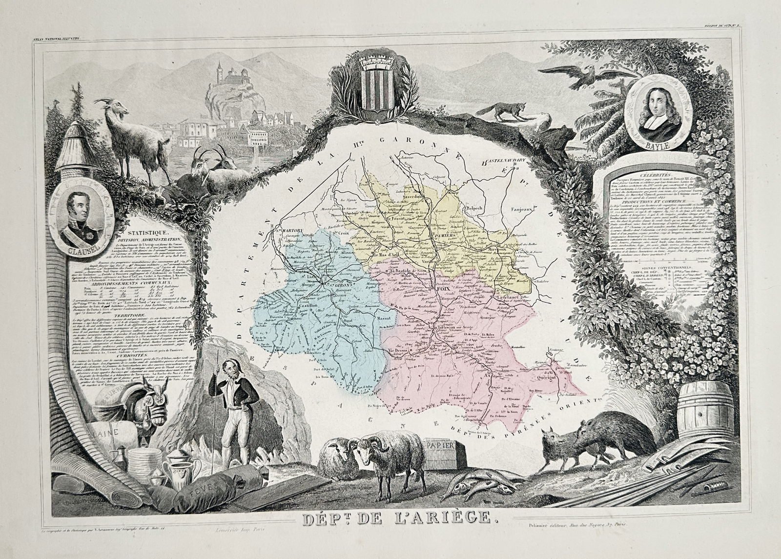 Victor Levasseur (1800–1870) – Map of Ariège Department – Engraving, Hand-colored (c. 1852) (1 of 2)