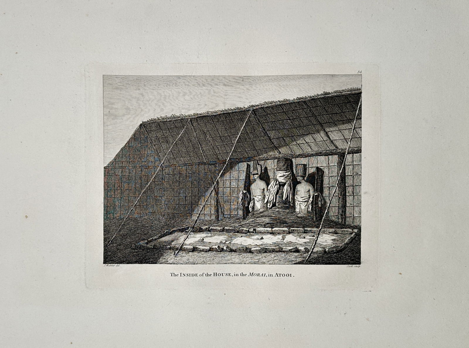 John Webber (1751–1793) – The Inside of a House in the Island of Ulietea – Engraving (1784): This engraving, based on a drawing by the artist, depicts the interior of a traditional thatched house on the Island of Ulietea (Raiatea in the Society Islands), featuring figures seated within the st