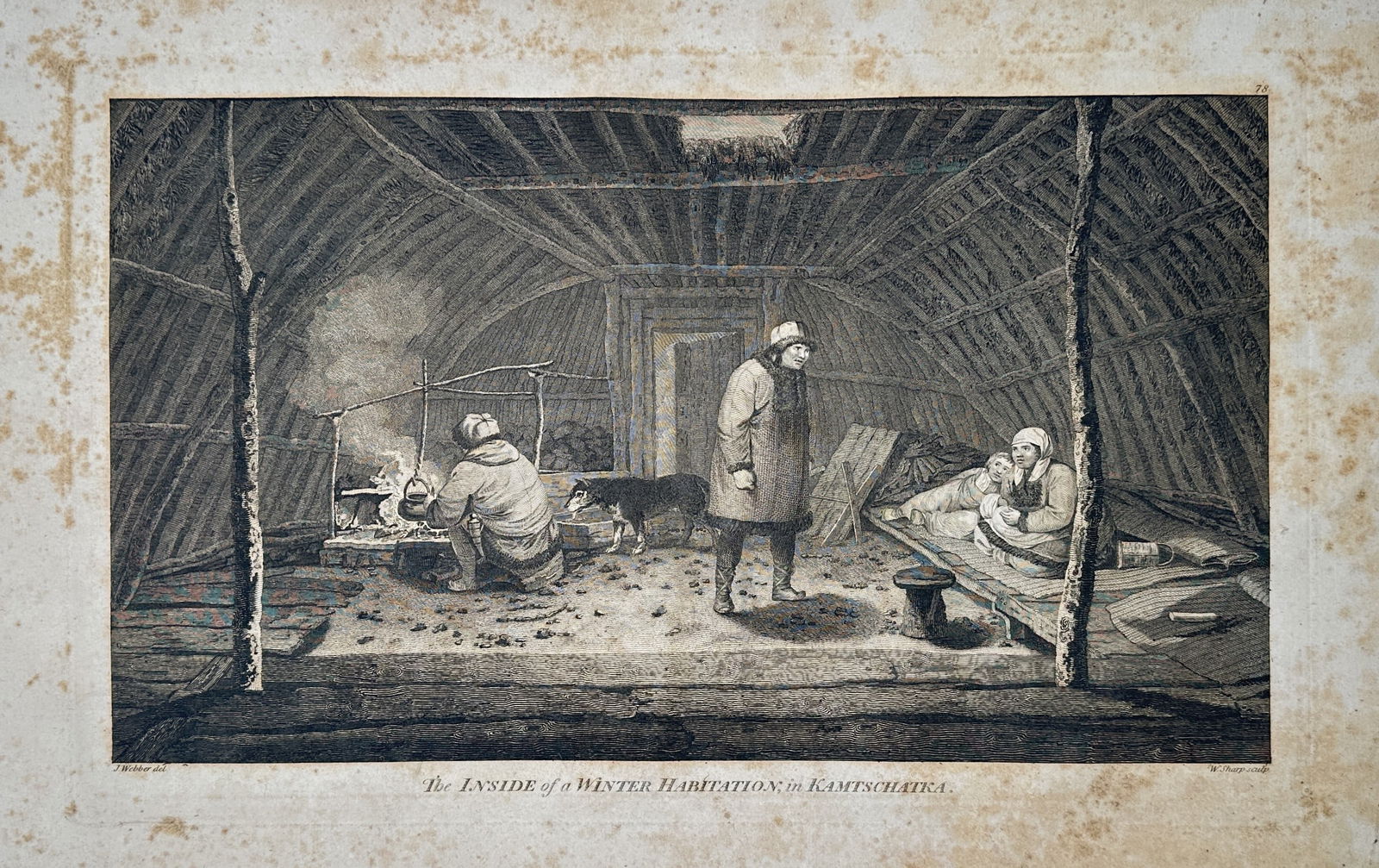 John Webber (1751–1793) – The Inside of a Winter Habitation in Kamtschatka – Engraving: This engraving, based on a drawing by the artist, depicts the interior of a winter habitation in Kamtschatka (Kamchatka Peninsula, Russia), showing figures tending a fire and resting within the semi-s