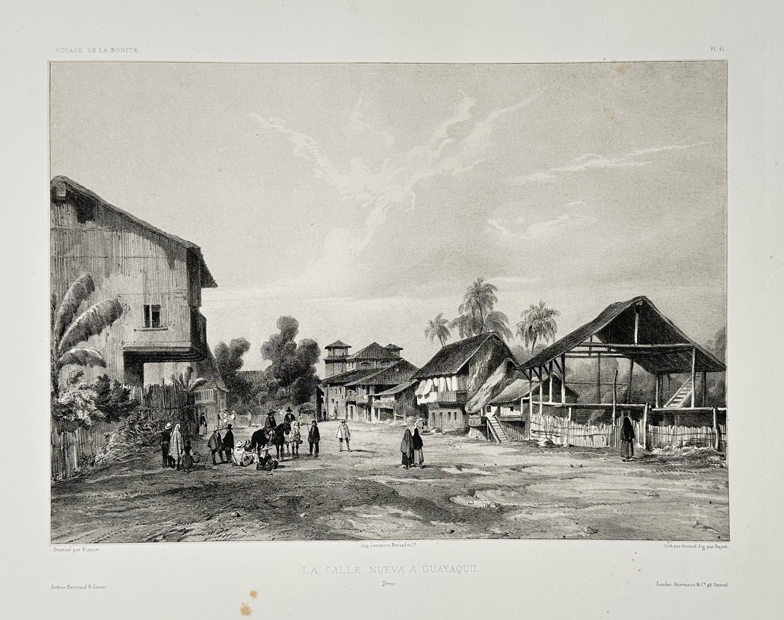 Barthélémy Lauvergne (1805–1877) – Village of Tucao – Engraving (c. 1845): This large engraving depicts "A. Salle, route de Tucao" (A Hall, Tucao road), showing a street scene with various traditional and colonial-style thatched buildings, figures, and horses in a rural sett