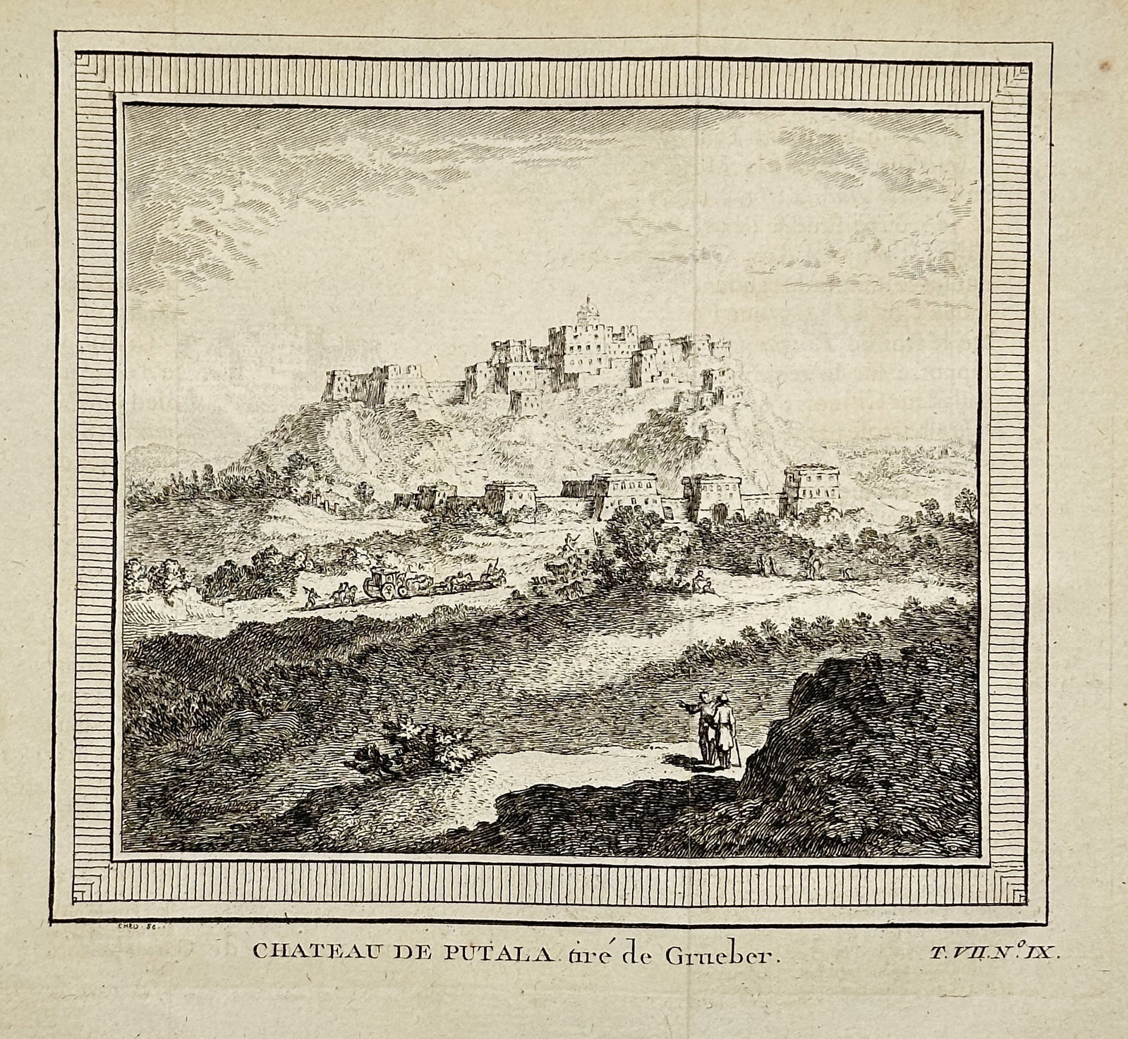 Antoine-François Prévost (1697–1763) – Palace of Potala, drawn from Grueber - Engraving: This engraving, titled "Chateau de Putala, tiré de Grueber" (Palace of Potala, drawn from Grueber), depicts the famous palace complex in Lhasa, Tibet, perched atop a hill overlooking the surrounding 