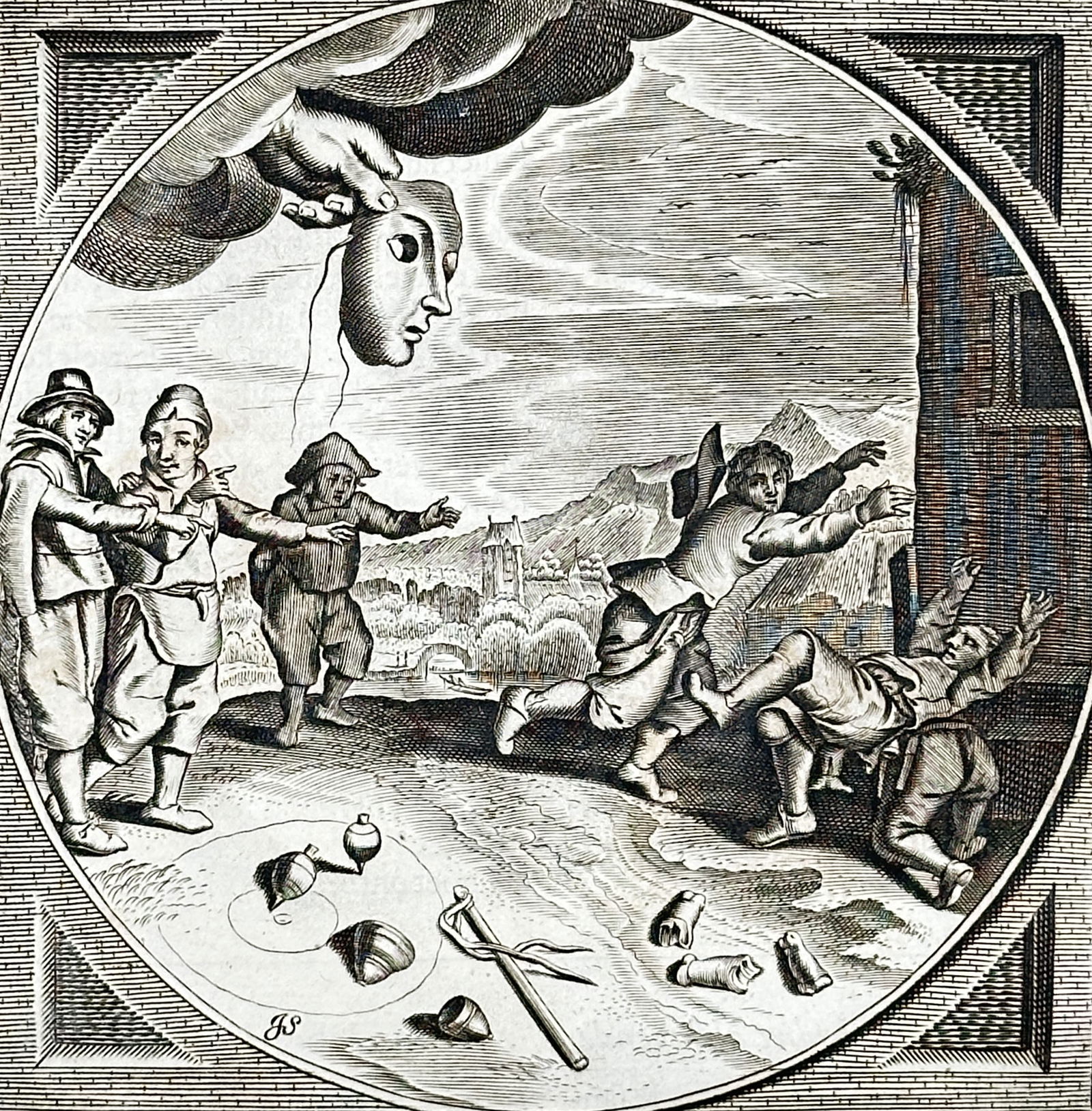 Jacob Cats (1577–1660) – That Which Does Not Have Itself, Gives It – Engraving (1627): This engraving depicts the emblem "Dat, nec habet," showing a large face blowing wind as figures scramble to collect scattered items, one with a net. The print was published as emblem XXVI on page 13
