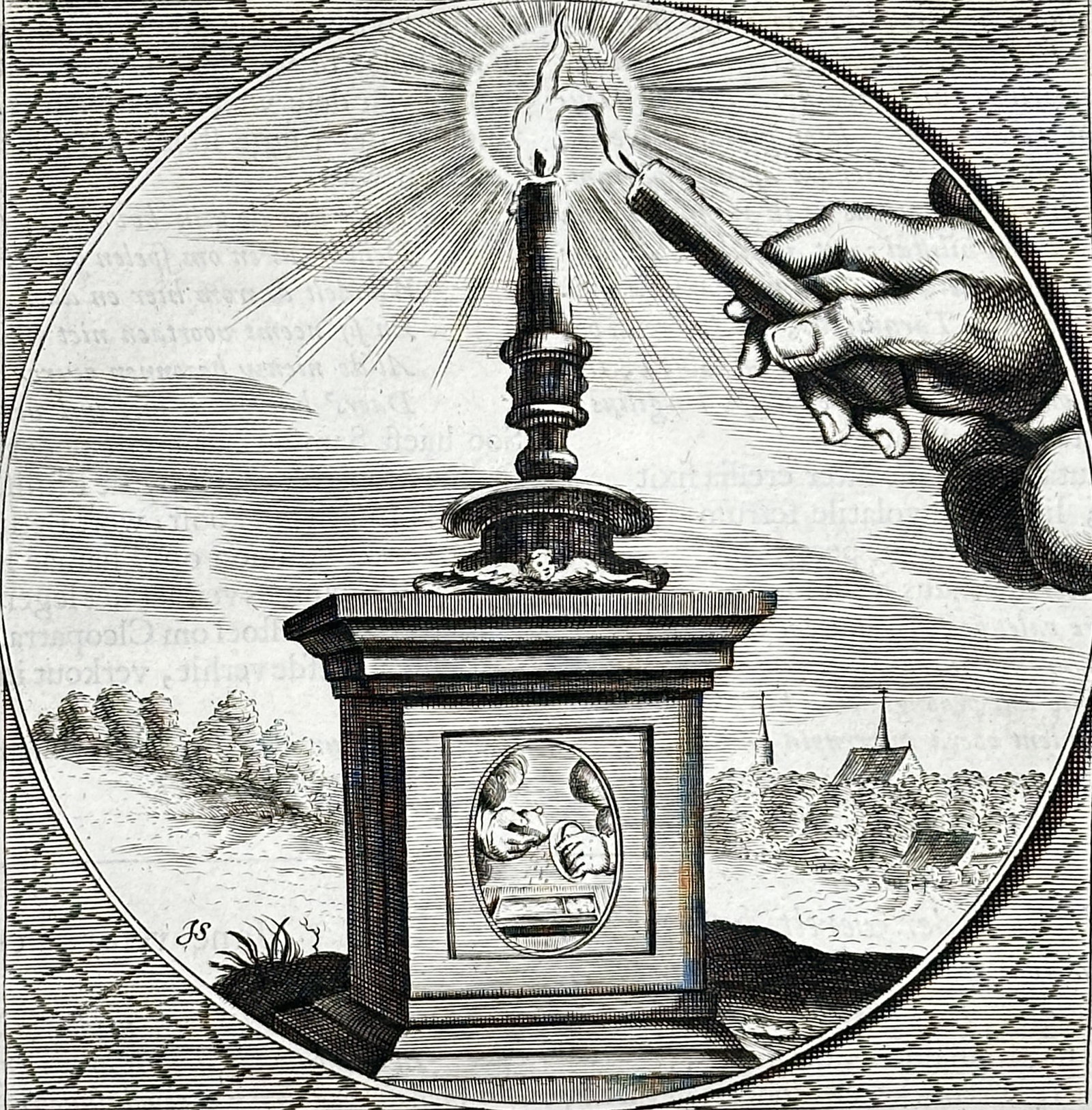 Jacob Cats (1577–1660) – Flame is Nearest to Smoke – Engraving (1627): This engraving titled "Flamma fumo proxima" (Flame is Nearest to Smoke), from the book Sinne- en minnebeelden (Emblems of Mind and Love) by Jacob Cats. The image depicts a circular scene where a hand,