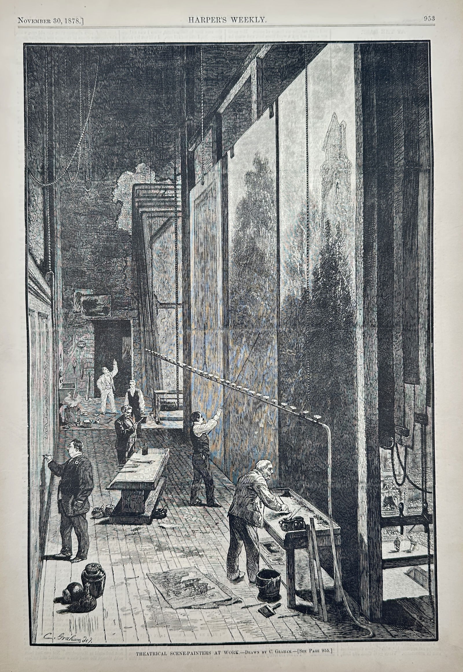 Harper’s Weekly – Theatrical Scene-Painters at Work – Wood Engraving (1878): The illustration depicts a vast, high-ceilinged workshop where large-scale theatrical backdrops are being painted. Several figures, including the artists, are shown working on immense vertical canvase