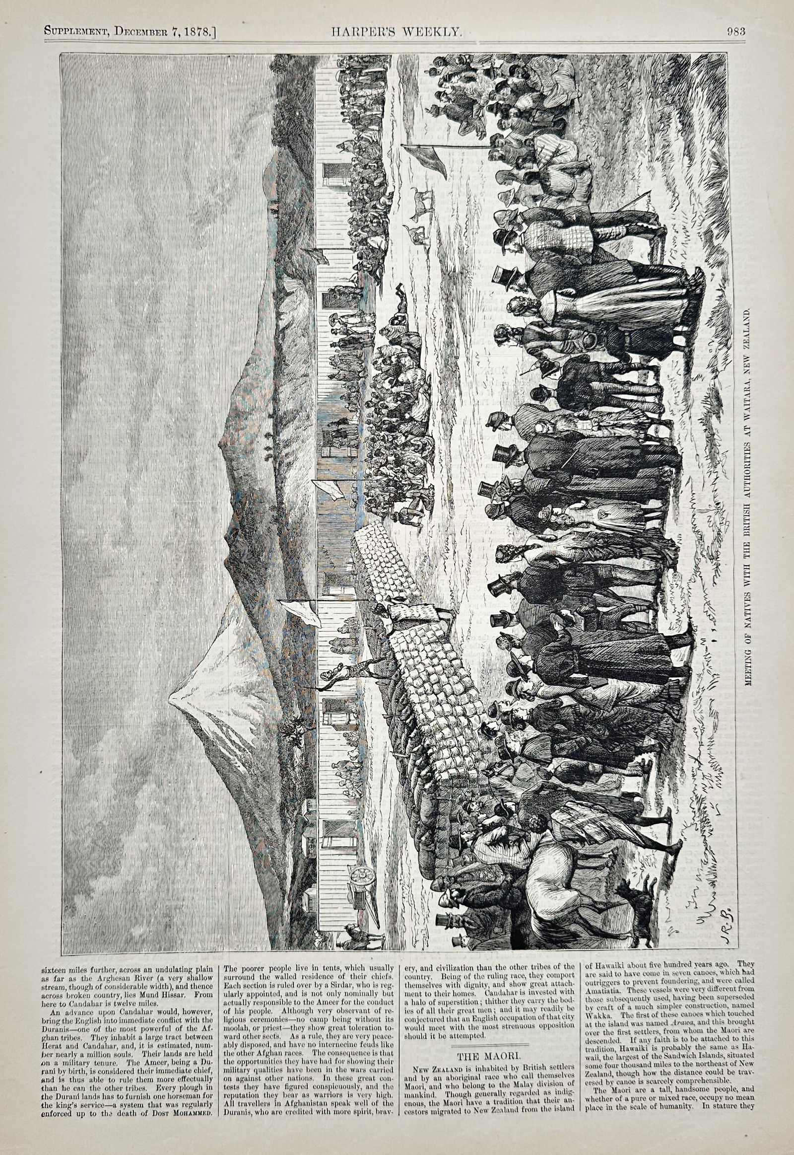 Harper’s Weekly – Meeting of Maoris with the British Authorities at Waitara, New Zealand: This full-page illustration, published in Harper's Weekly on December 7, 1878, depicts a formal meeting and negotiation scene at Waitara, New Zealand, showing European authorities standing in the fore