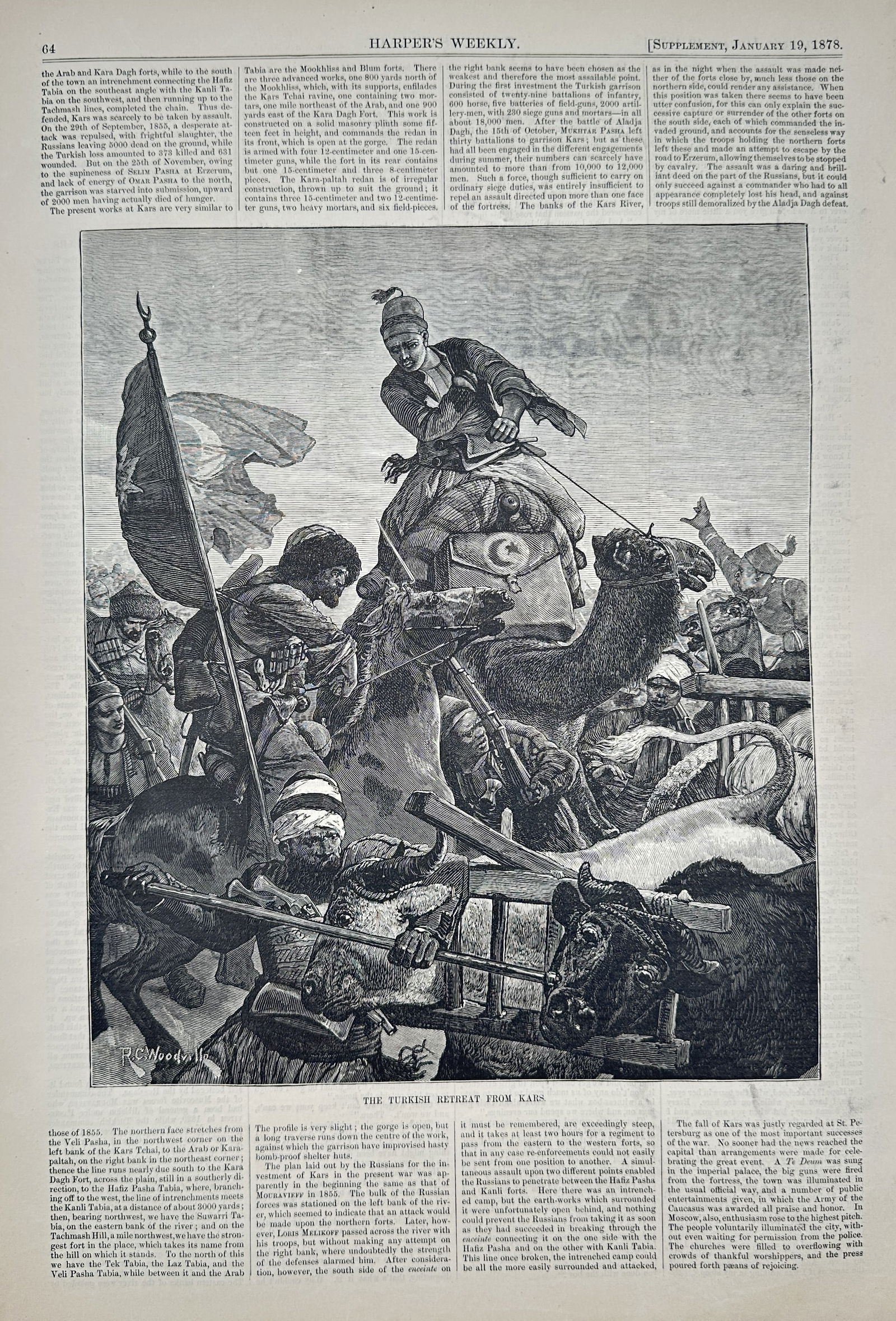Harper’s Weekly – The Turkish Retreat from Kars – Wood Engraving (1878): This full-page illustration, published in the supplement of Harper's Weekly on January 19, 1878, is titled "THE TURKISH RETREAT FROM KARS." The dramatic scene depicts a chaotic and desperate military
