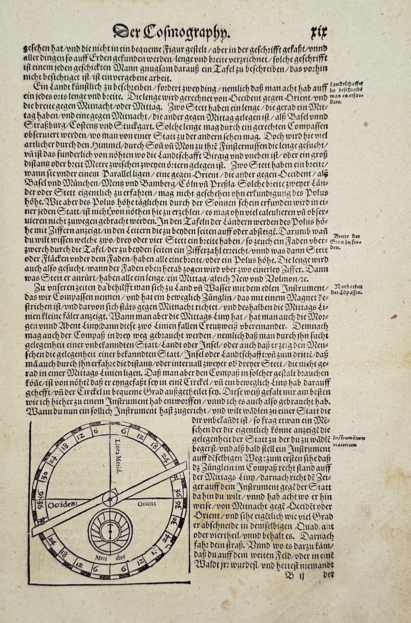 Sebastian Münster – The Cosmography: Astronomical Instrument (Quadrant) – Woodcut (circa 1544) (1 of 2)