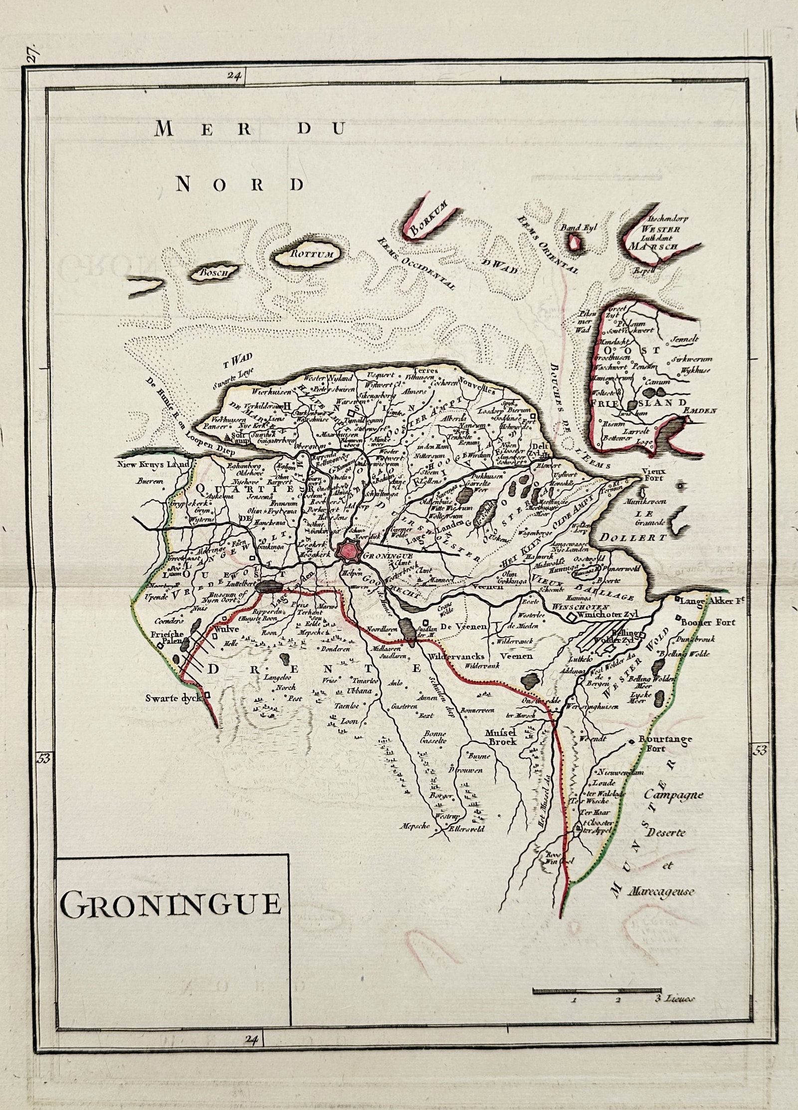 Georges-Louis Le Rouge – Map of the province of Groningen – Engraving with hand-coloring (c.: The map is a copperplate engraving of the province of Groningen, created by French cartographer Georges-Louis Le Rouge in 1748. It may be a part of one of his larger atlas works, such as the Atlas Nou