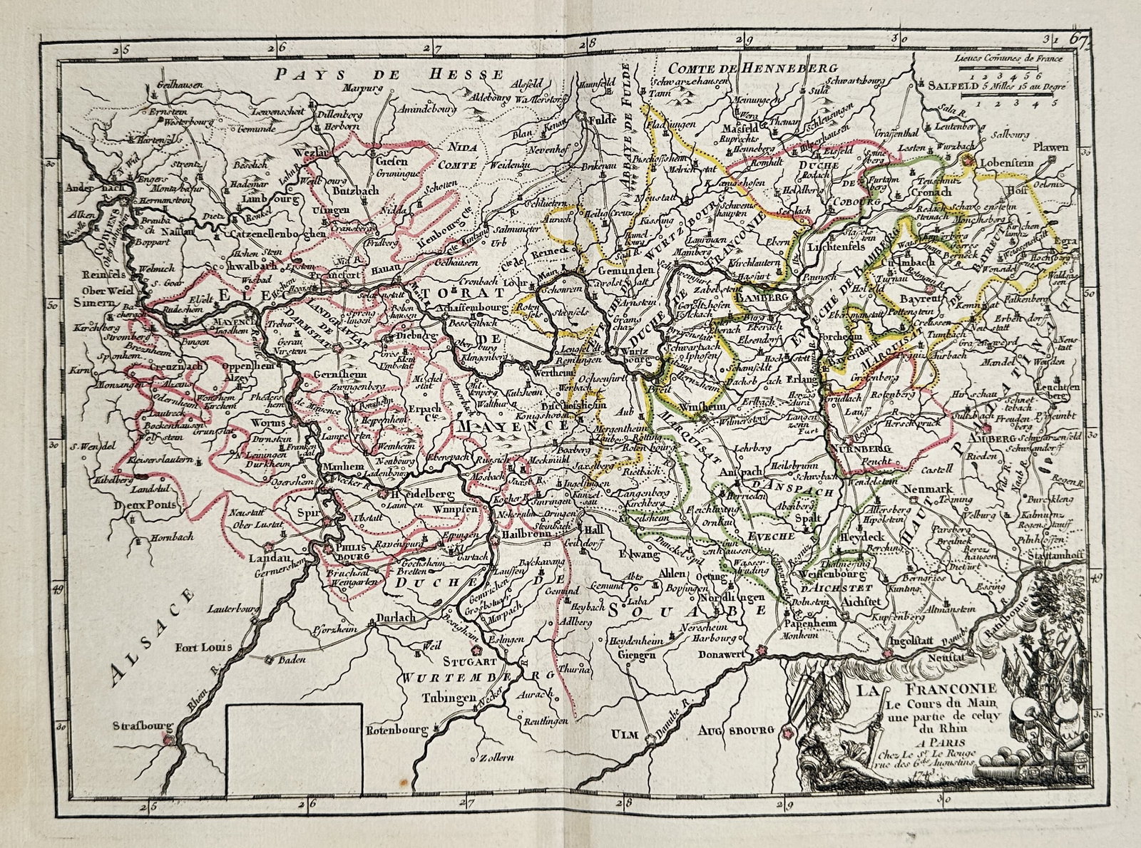 Georges-Louis Le Rouge – Map of the Franconia (Germany) – Engraving with hand-coloring (c. 1748): The map details the historical region of Franconia in what is now modern-day Germany, including cities like Stuttgart, Heidelberg, Nuremberg, and Frankfurt, as well as the courses of the Main and Rhin