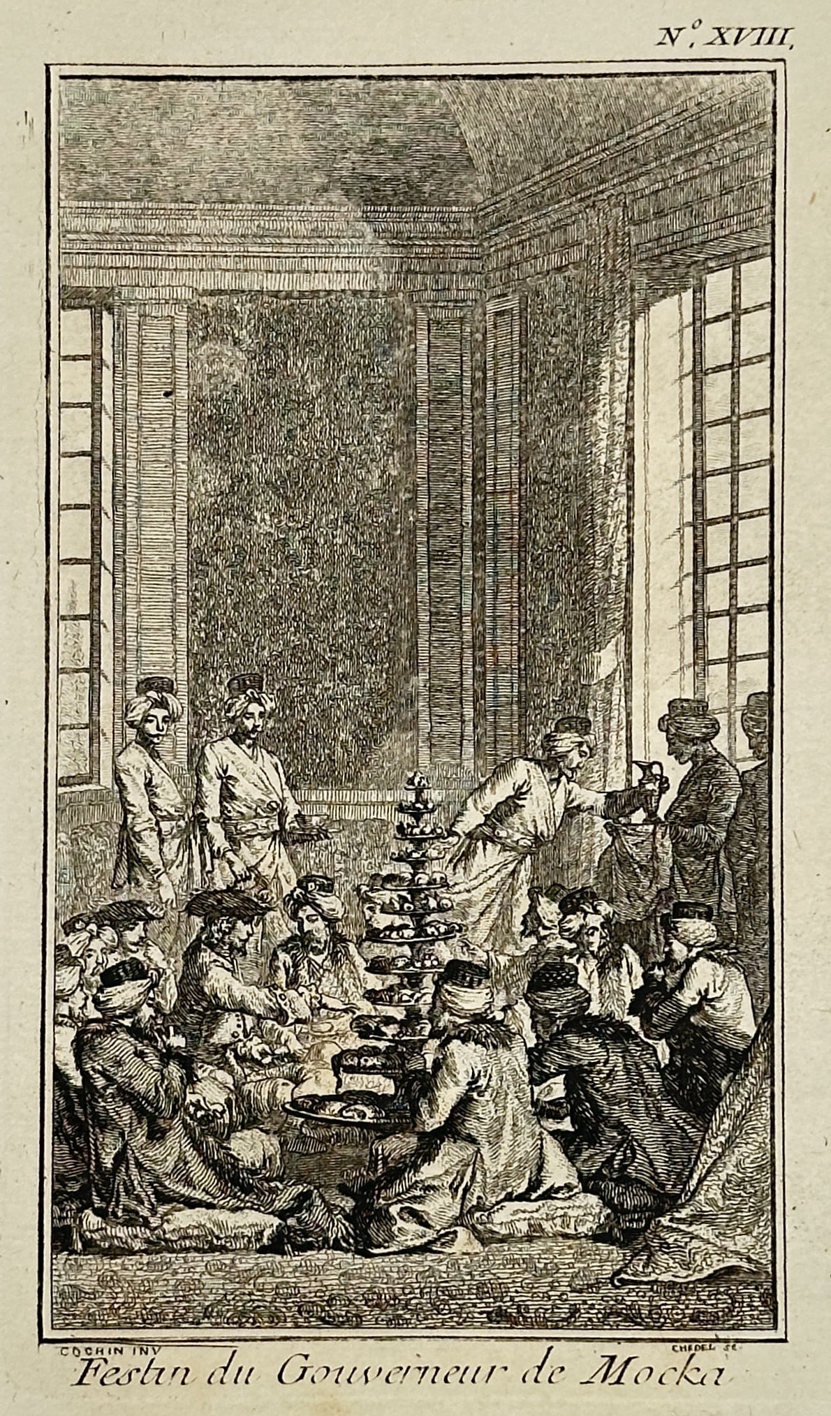 Antoine François Prévost – Banquet hosted by the Governor of Moeki (Asia) – Engraving (circa: This engraving depicts an interior scene showing a feast or banquet hosted by the Governor of Moeki (a location in the East Indies or Asia), with figures seated on the floor around a tiered centerpiec
