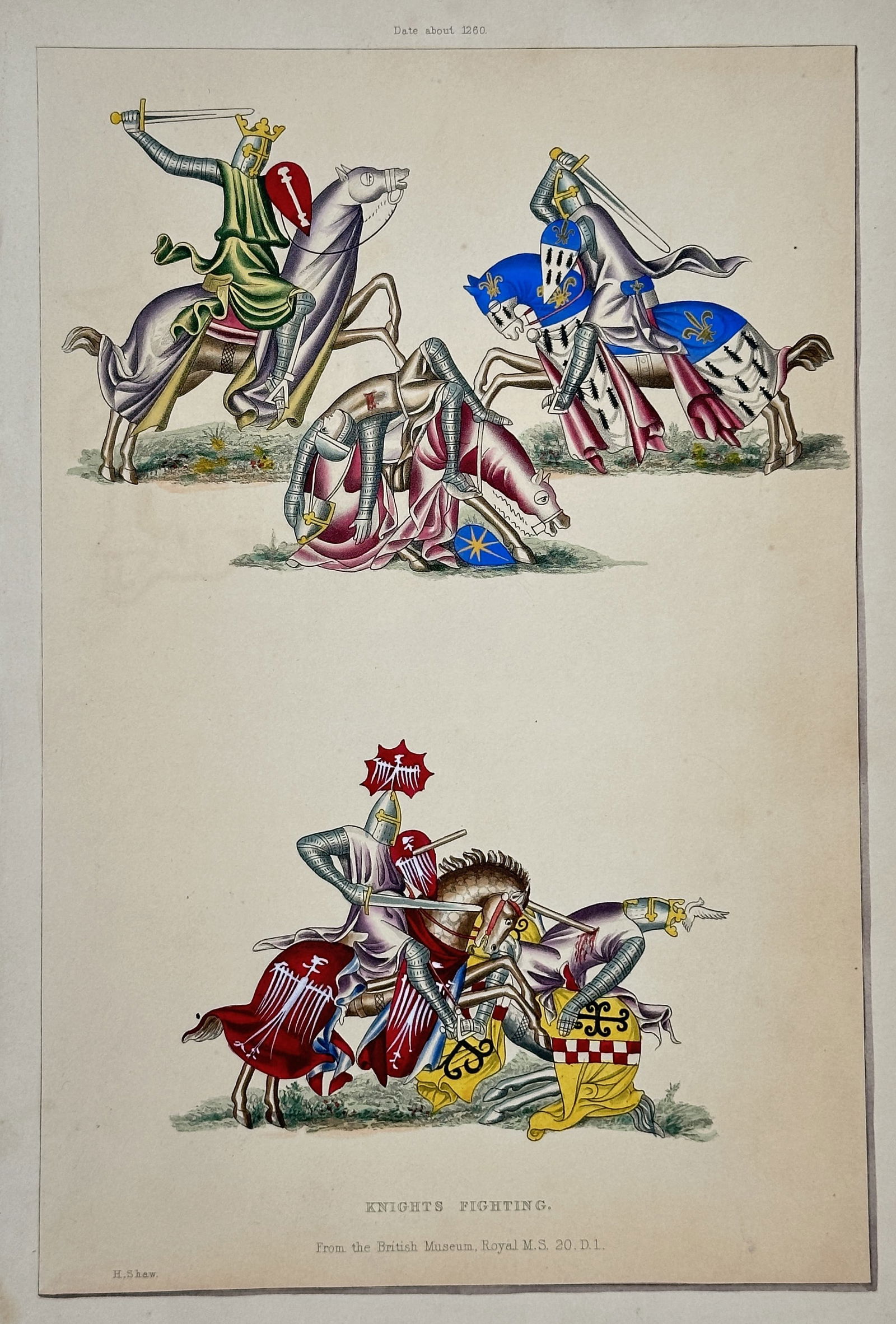 Henry Shaw (1800–1873) – Illustration of Knights Fighting – Hand-colored engraving (Circa (1 of 2)