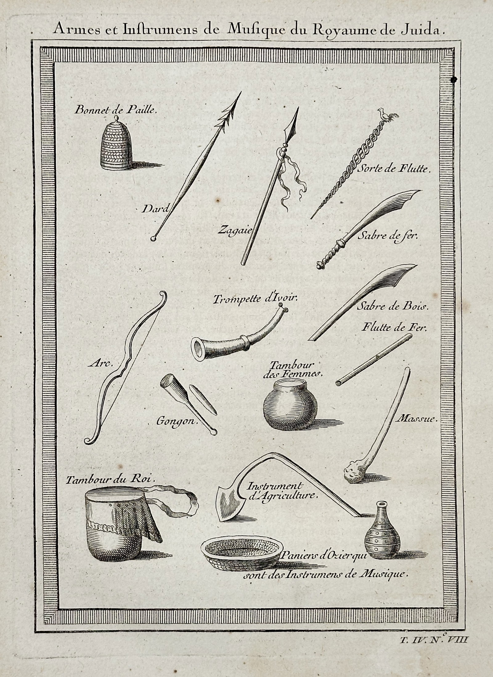 Antoine François Prévost – Illustration of Arms and Musical Instruments of the Kingdom of Whydah: This engraving is a plate illustrating various Arms and Musical Instruments from the Kingdom of Whydah (Juda or Ouidah, located in present-day Benin). The title reads "Armes et Instrumens de Musique d