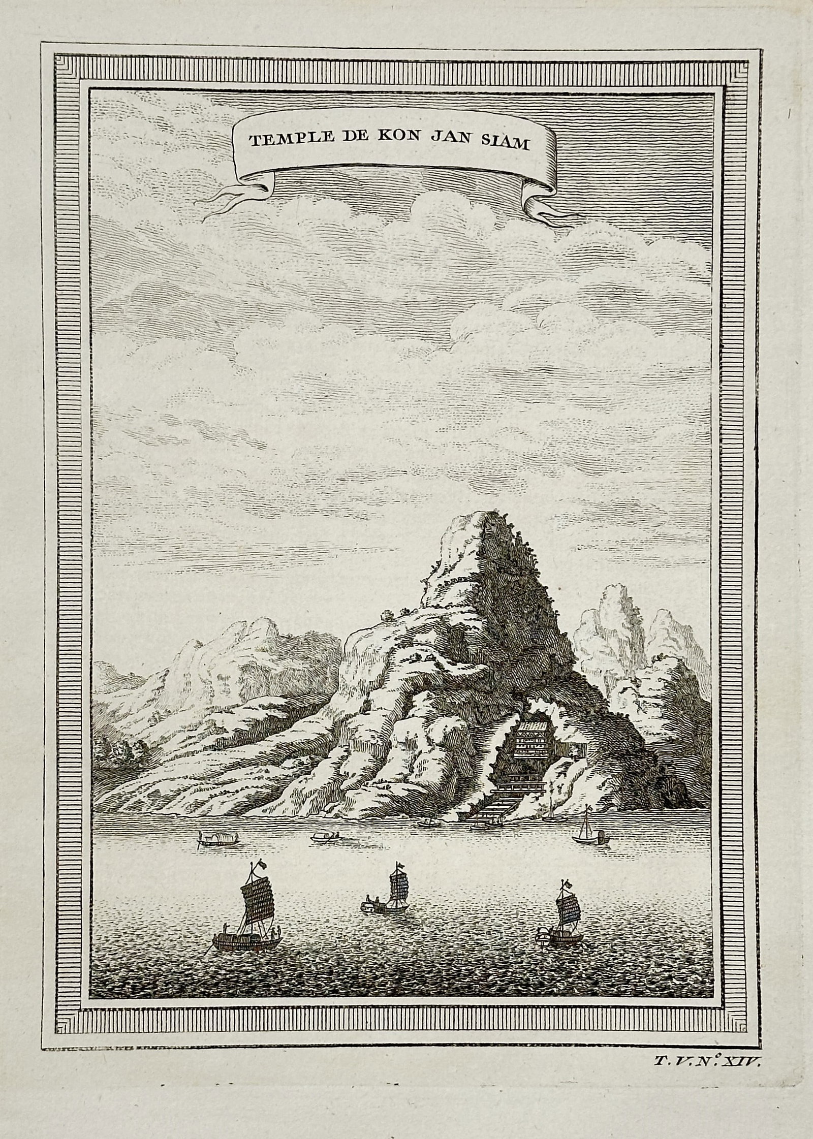 Antoine François Prévost – Topographical Illustration of the Temple of Kon Jan, Siam –: This engraving is a topographical illustration titled "TEMPLE DE KON JAN SIAM," depicting a rugged, mountainous coastal landscape with a prominent, spire-like rock formation or structure rising from a