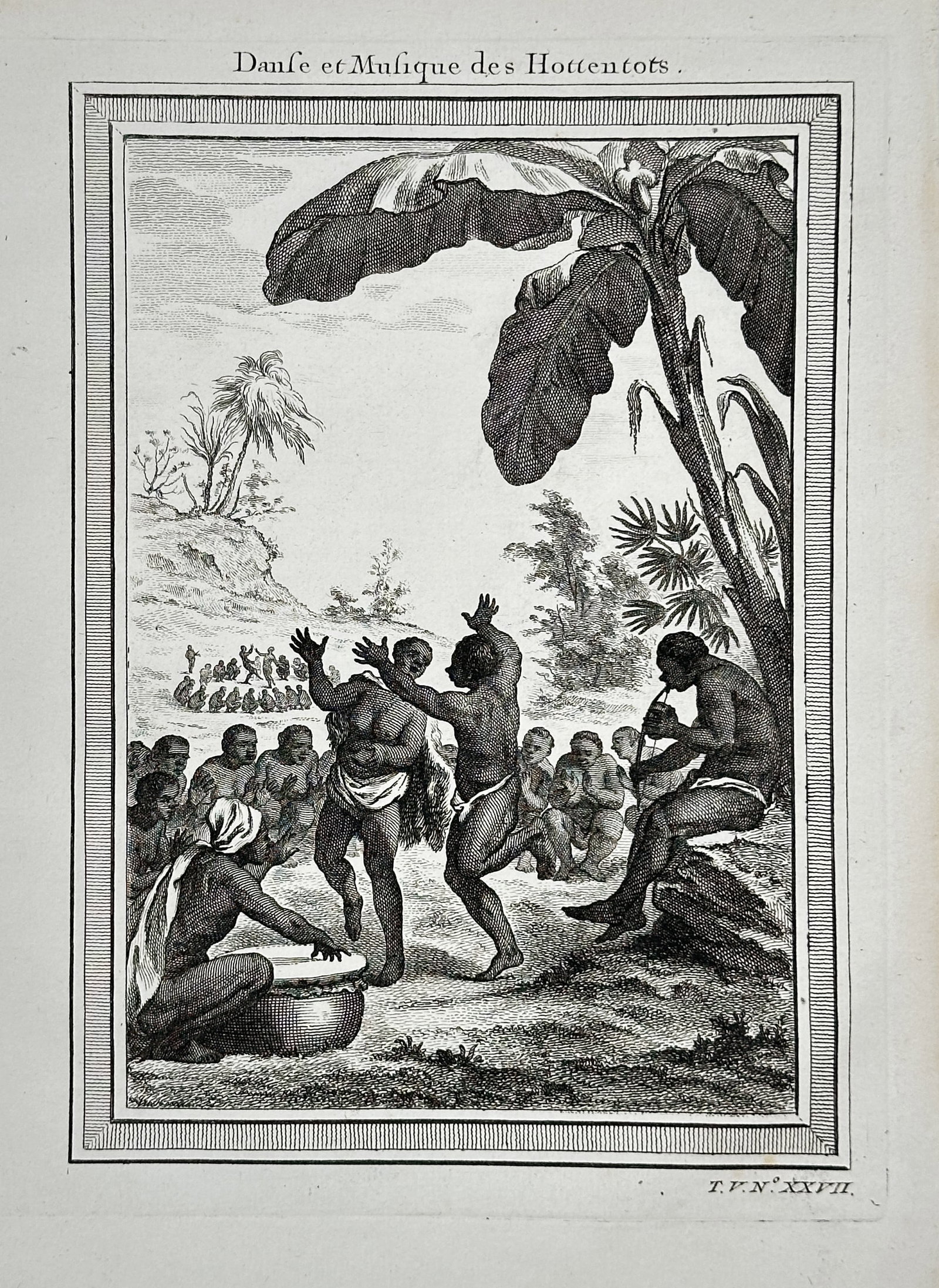 Antoine François Prévost – Ethnographic Illustration of the Dance and Music of the Khoikhoi: This engraving is an ethnographic illustration titled "Danse et Musique des Hottentots" (Dance and Music of the Khoikhoi). The scene depicts a gathering in a tropical or sub-Saharan African landscape 