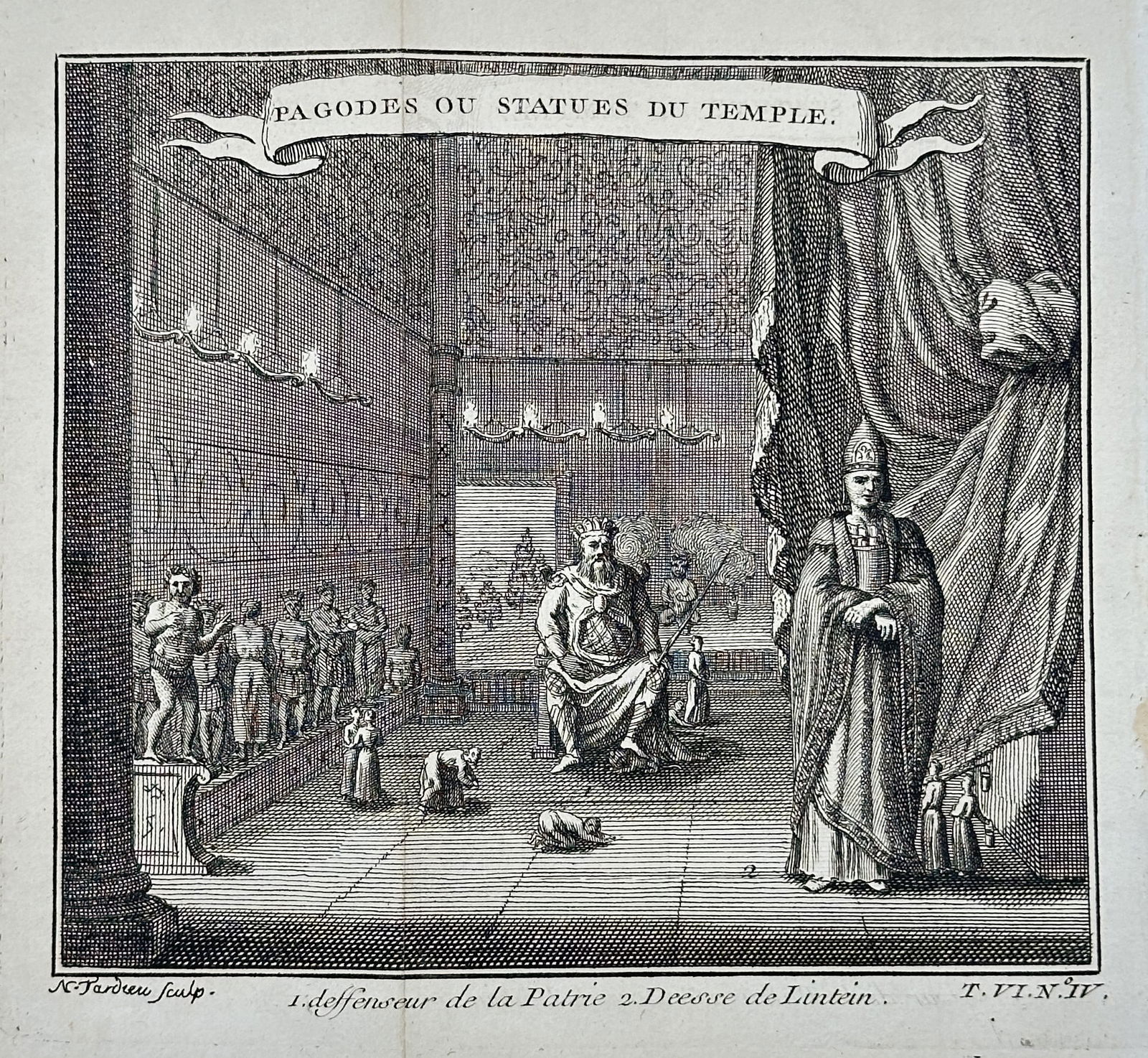 Antoine François Prévost – Ethnographic Illustration of Idols and Priests in a Temple –: This engraving is an ethnographic illustration titled "PAGODES OU STATUES DU TEMPLE" (Pagodas or Statues of the Temple). The scene depicts the interior of an Asian temple, showing a central seated ido