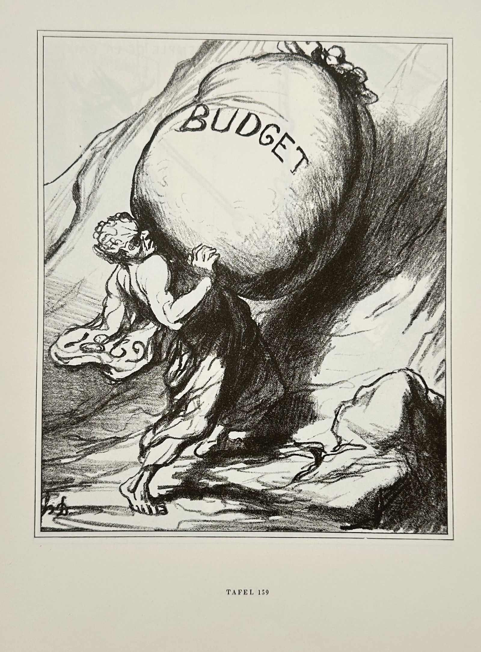 Honoré Daumier (1808–1879), after – The Burden of the Budget (Sisyphus) – Offset print (20th: This offset print is a political caricature titled The Burden of the Budget or Sisyphus, originally a famous lithograph by Honoré Daumier. The image depicts a figure, representing a politician or the
