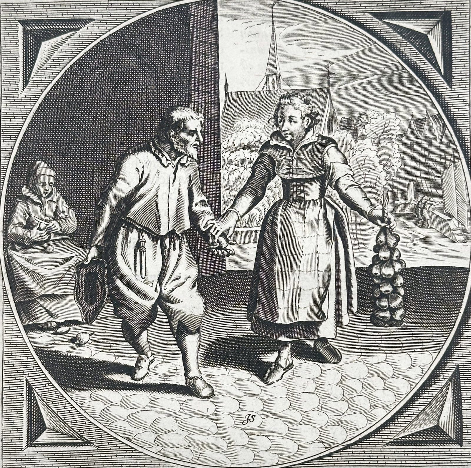 Jacob Cats (1577-1660) – Peeling Onions Emblem – Engraving (c. 1726): This large folio engraving is a page from the works of the Dutch poet Jacob Cats, his Alle de Wercken (Complete Works). It features Emblem XXVIII, which illustrates a man and woman peeling onions, sym