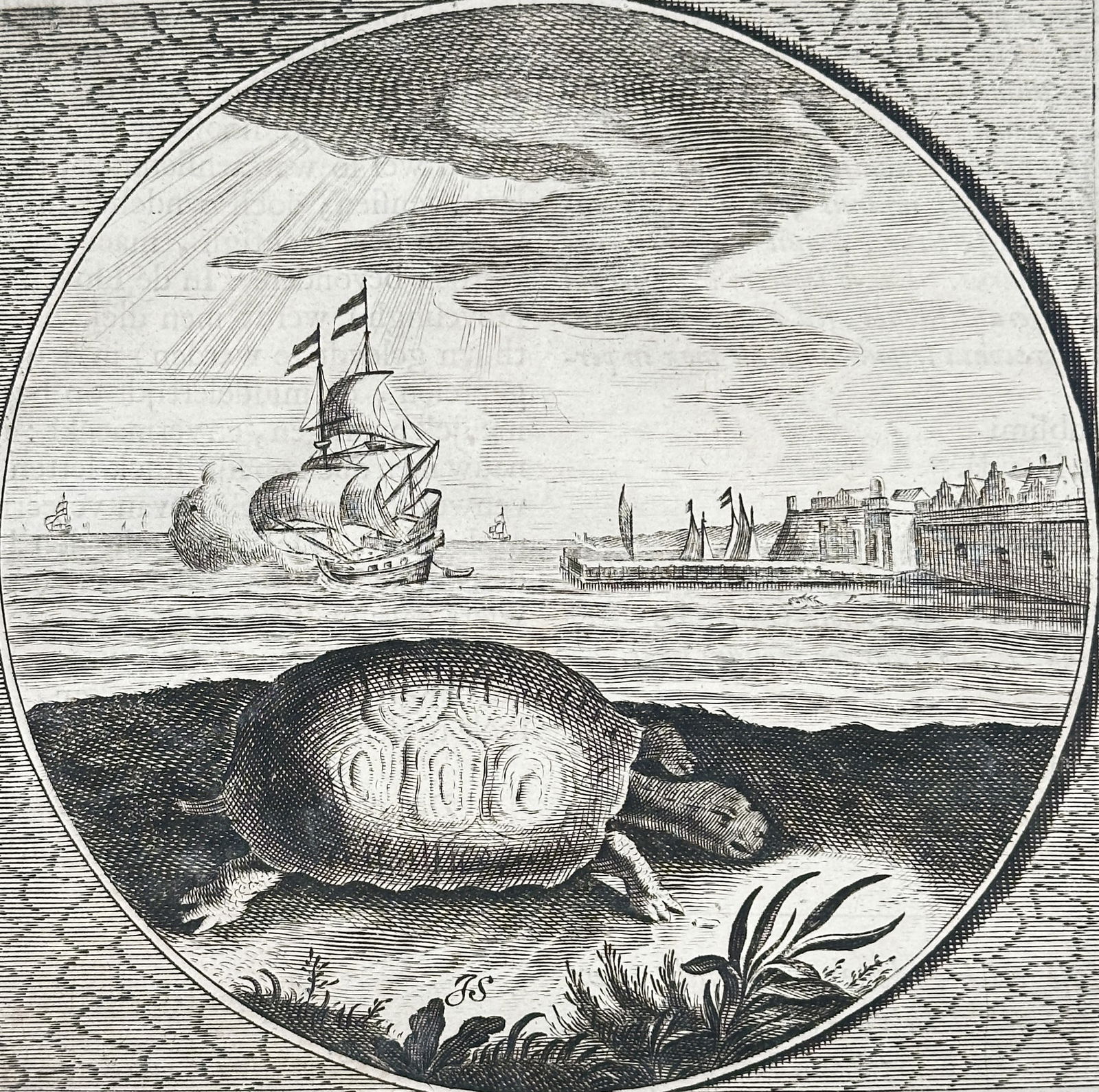 Jacob Cats (1577-1660) – Happier for the loss of liberty – Engraving (c. 1726): This large folio engraving is a page from the works of the Dutch poet Jacob Cats, his Alle de Wercken (Complete Works). It features Emblem XIV, "Amissa libertate lætior" ("Happier for the loss of lib