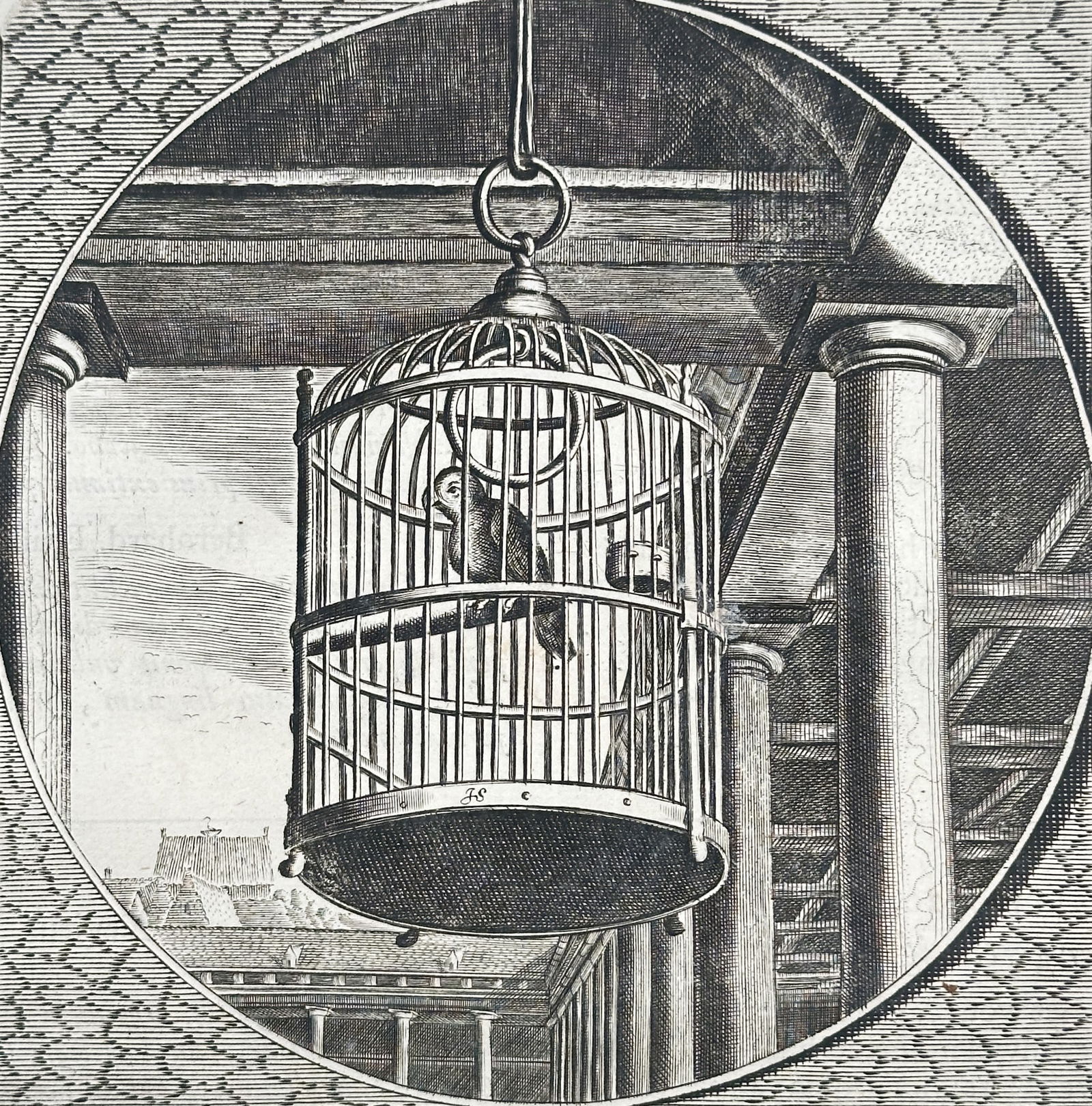 Jacob Cats (1577-1660) – By fleeing, he does not escape – Engraving (c. 1726): This large folio engraving is a page from the works of the Dutch poet Jacob Cats, his Alle de Wercken (Complete Works). It features Emblem XV, which illustrates a bird in a hanging cage, symbolizing t