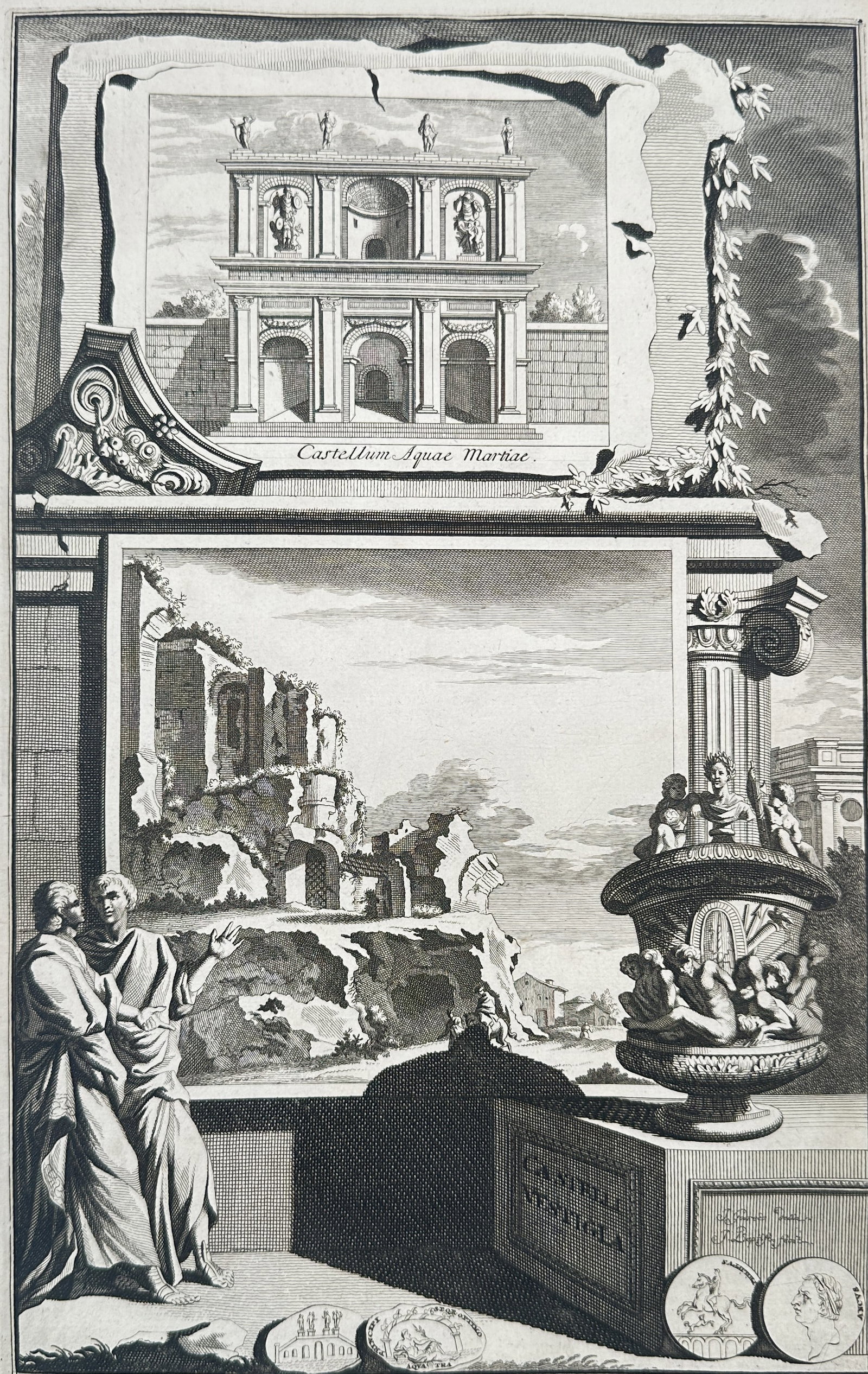 Jan Goeree (1670–1731) – Castellum Aquae Martiae and Roman Ruins – Engraving (18th Century): This engraving features a reconstruction of the Castellum Aquae Martiae in the upper section, presented as if on a torn sheet of paper. The lower section depicts a classical landscape with ruins, two 