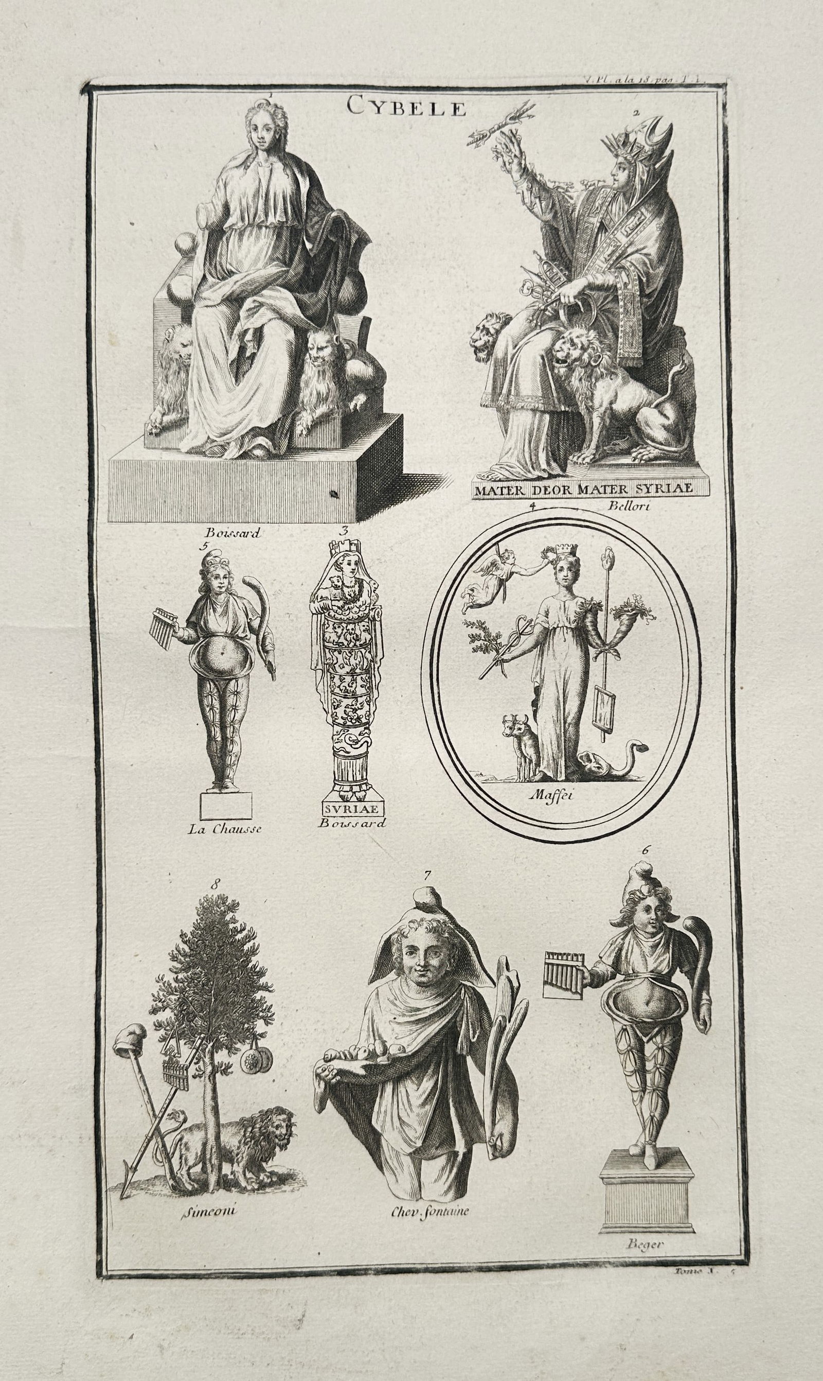 Bernard de Montfaucon – Cybele, Mater Deorum, and Associated Deities – Engraving: This engraving illustrates various ancient representations of the goddess Cybele, also identified here as Mater Deorum (Mother of the Gods) and Mater Syriae. The plate features statues and figures der