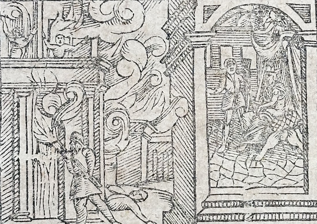 Sebastian Münster (1488–1552) – Woodcut Illustration with Text from the Cosmographia –: This leaf of German Gothic text is from a German edition of Sebastian Münster's influential work, the Cosmographia, which was first published in German in 1544. The leaf features information on histo