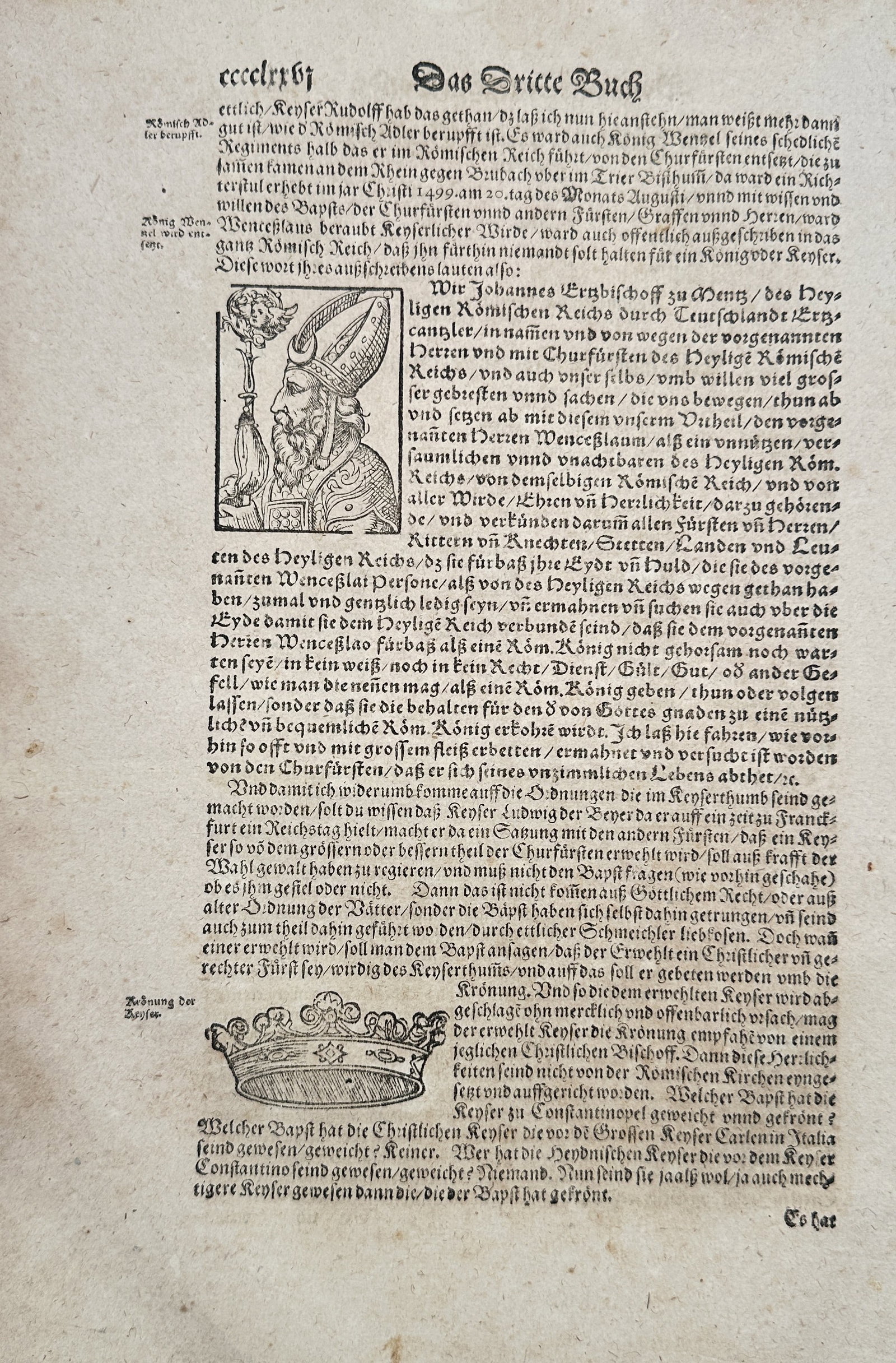 Sebastian Münster (1488–1552) – The Third Book with Portrait of a King and a Crown – Woodcut: This leaf, titled "Das Dritte Buch" (The Third Book), originates from a German edition of Sebastian Münster's Cosmographia. The page features extensive German Gothic text detailing historical or poli