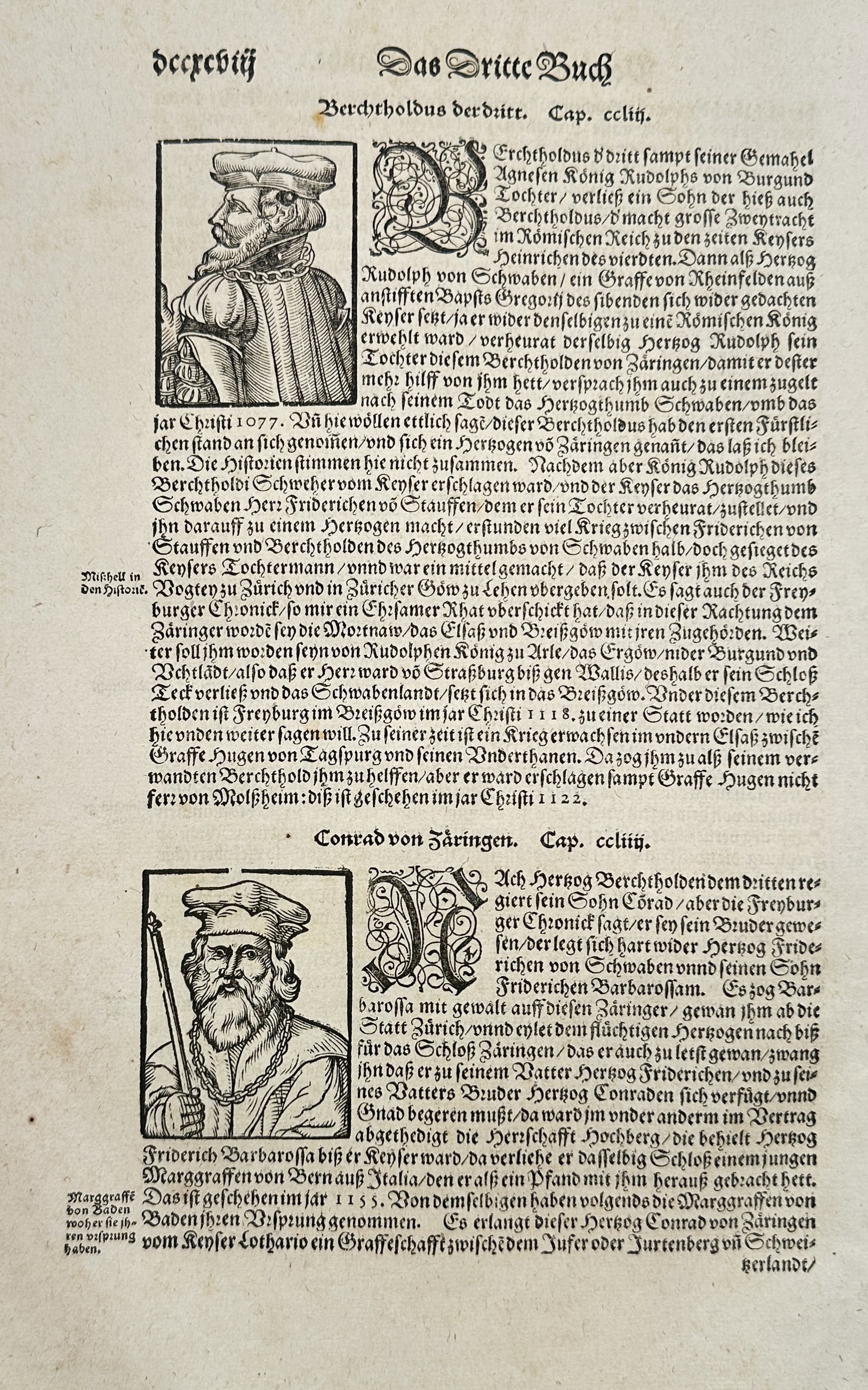 Sebastian Münster (1488–1552) – Portraits of Bertholdus and Conradus from the Third Book –: This leaf, titled "Der Dritte Buch" (The Third Book), originates from a German edition of Sebastian Münster's Cosmographia. The page features two distinct sections of German Gothic text, each introdu