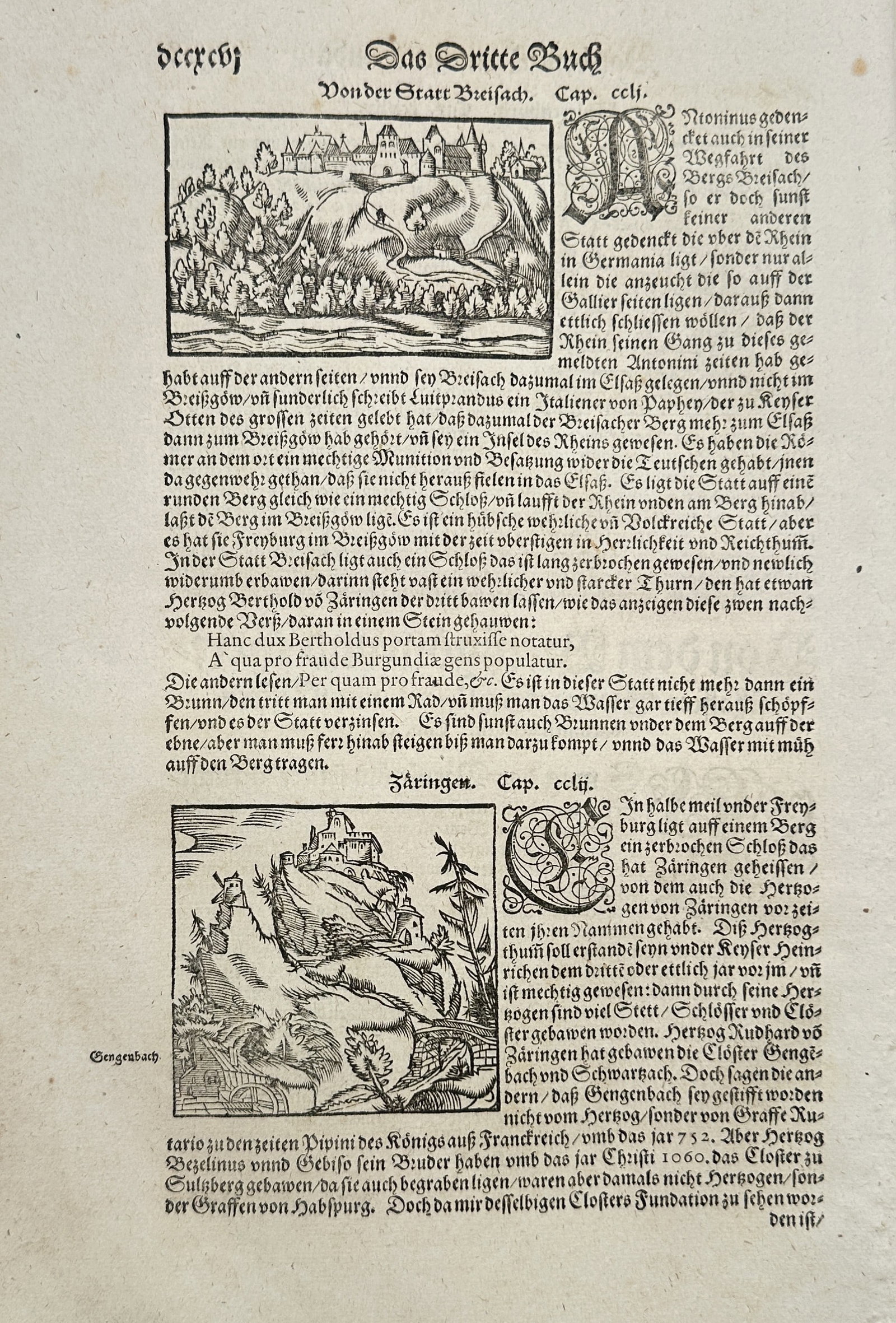 Sebastian Münster (1488–1552) – Two Town Views from the Third Book – Woodcut (c. 1544–1552): This leaf, titled "Der Dritte Buch" (The Third Book), originates from a German edition of Sebastian Münster's Cosmographia. The page features German Gothic text discussing historical and geographical
