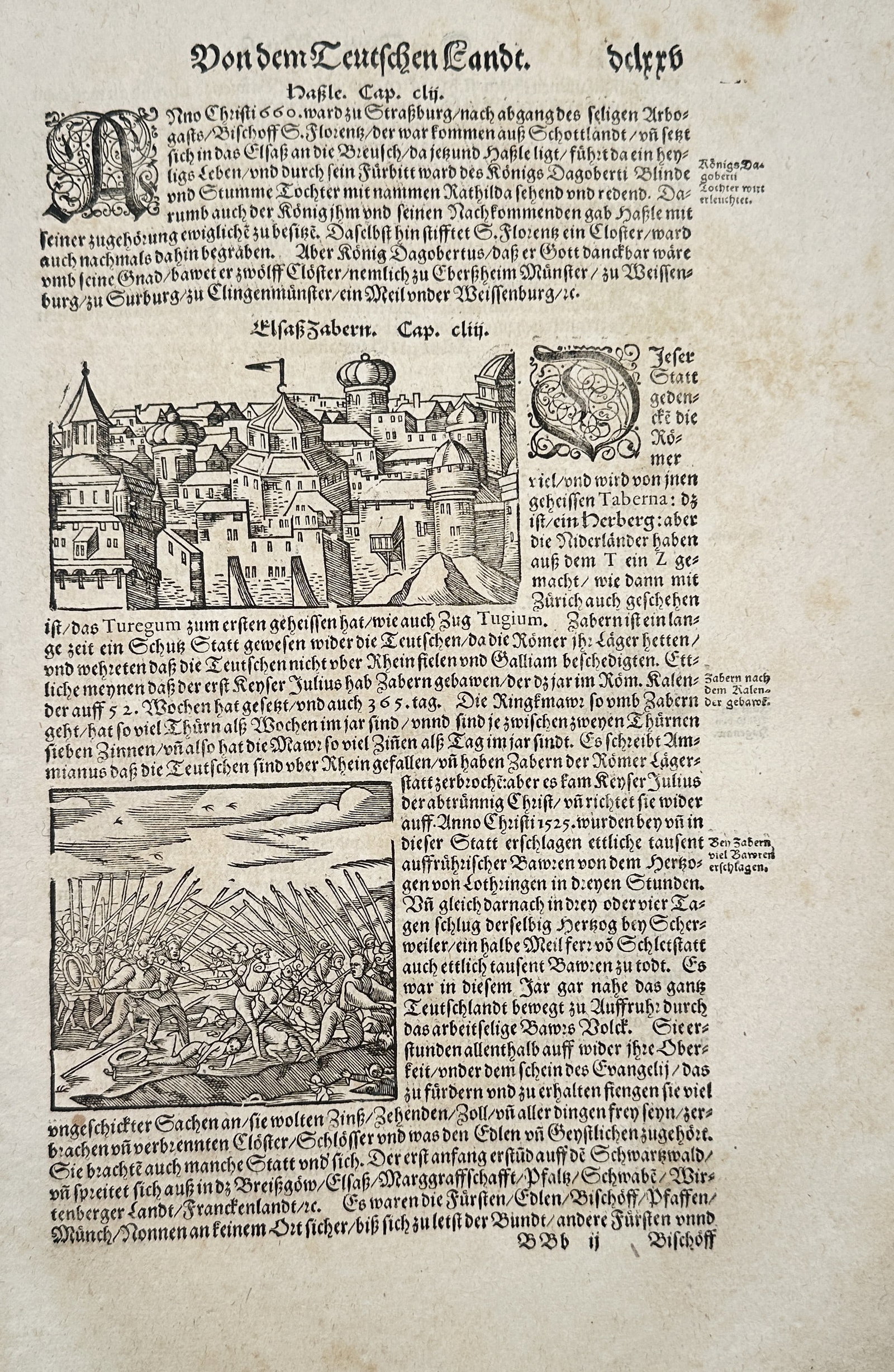 Sebastian Münster (1488–1552) – View of Ulm and a Battle Scene from the German Lands –: This leaf, titled "Von dem Teutschen Lande" (On the German Lands), is from a German edition of Sebastian Münster's Cosmographia. The page features German Gothic text and two distinct woodcut illustra