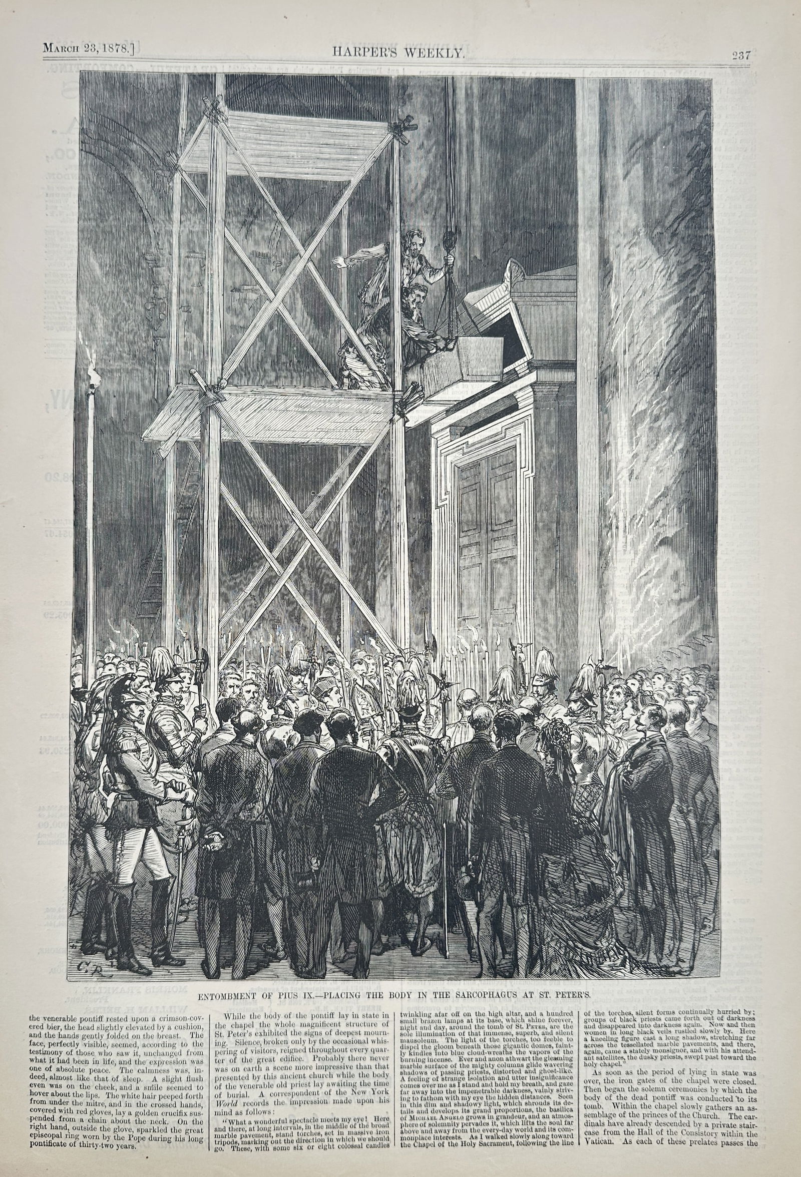 Thomas Nast – Ceremony of Filing the Scaffolding for St. Peter's – Wood engraving (March 28,: This illustration, published in Harper's Weekly on March 28, 1863, depicts a large crowd of people, including military figures and civilians, gathered inside the enormous interior of St. Peter's Basil
