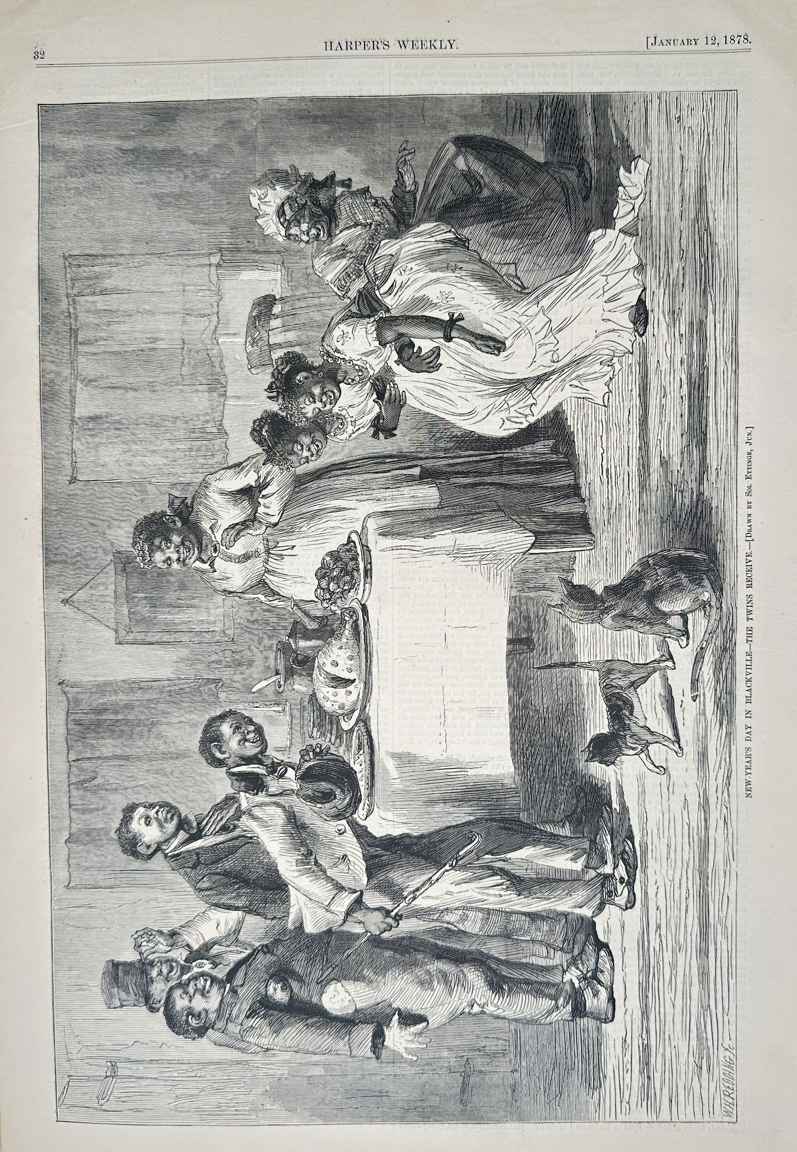 Thomas Nast – New Year's Day in Blackville, the Twins Expiring – Wood engraving (January 1,: This illustration, published in Harper's Weekly on January 1, 1859, depicts an indoor scene with a group of African American people dressed in formal attire gathered around a dining table laden with f