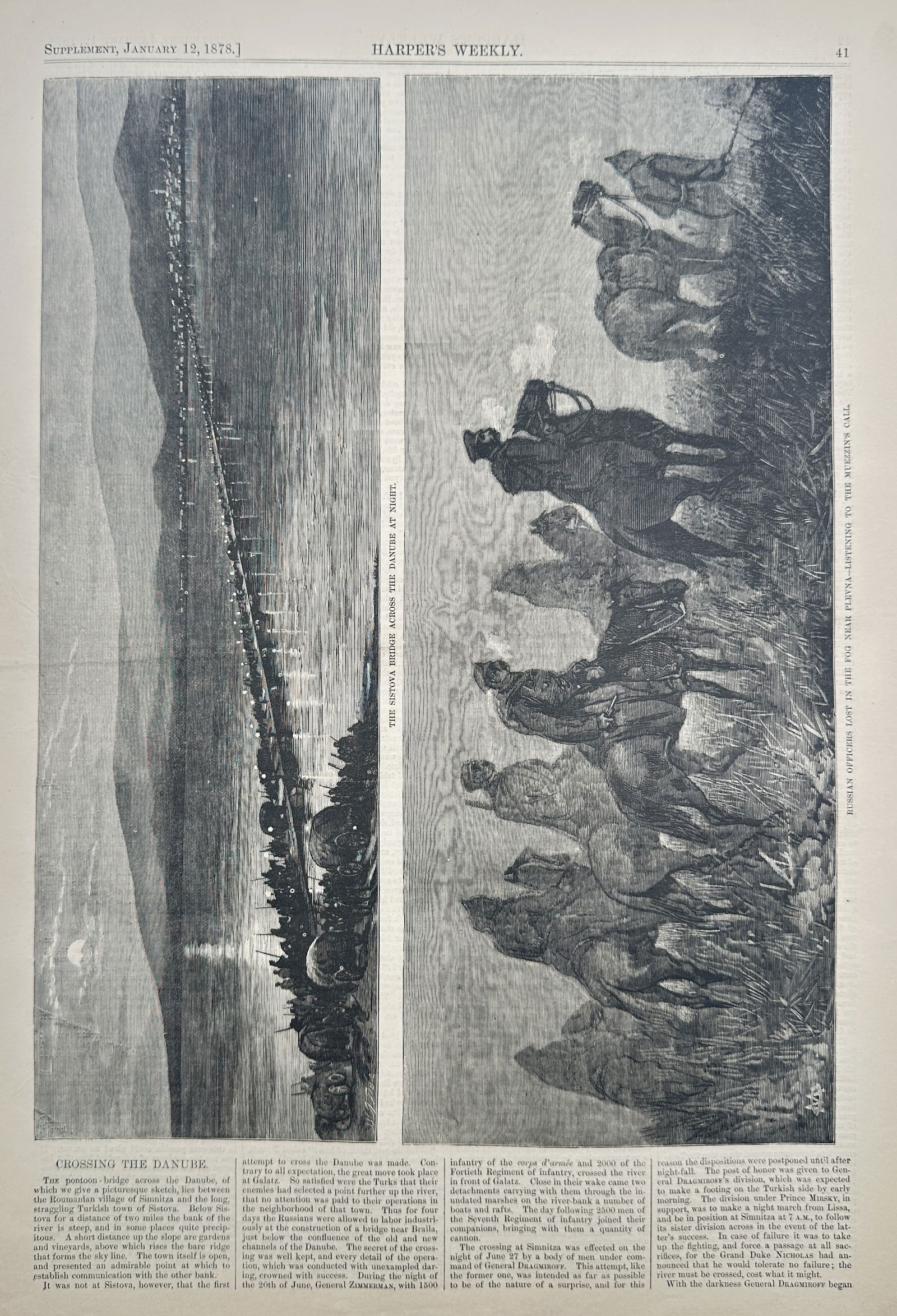 Thomas Nast – Crossing the Danube and Russian Advance Across the Balkans – Wood engraving: This double-column print from Harper's Weekly, dated January 19, 1878, features two distinct scenes related to the Russo-Turkish War. The left column shows a view titled "Crossing the Danube", depicti