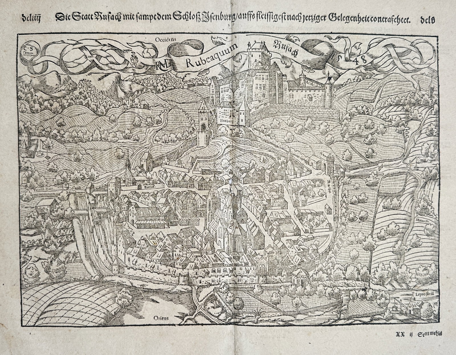 Sebastian Münster (1488–1552) – View of Rudersberg and Castle from the Cosmographia – Woodcut (1 of 2)